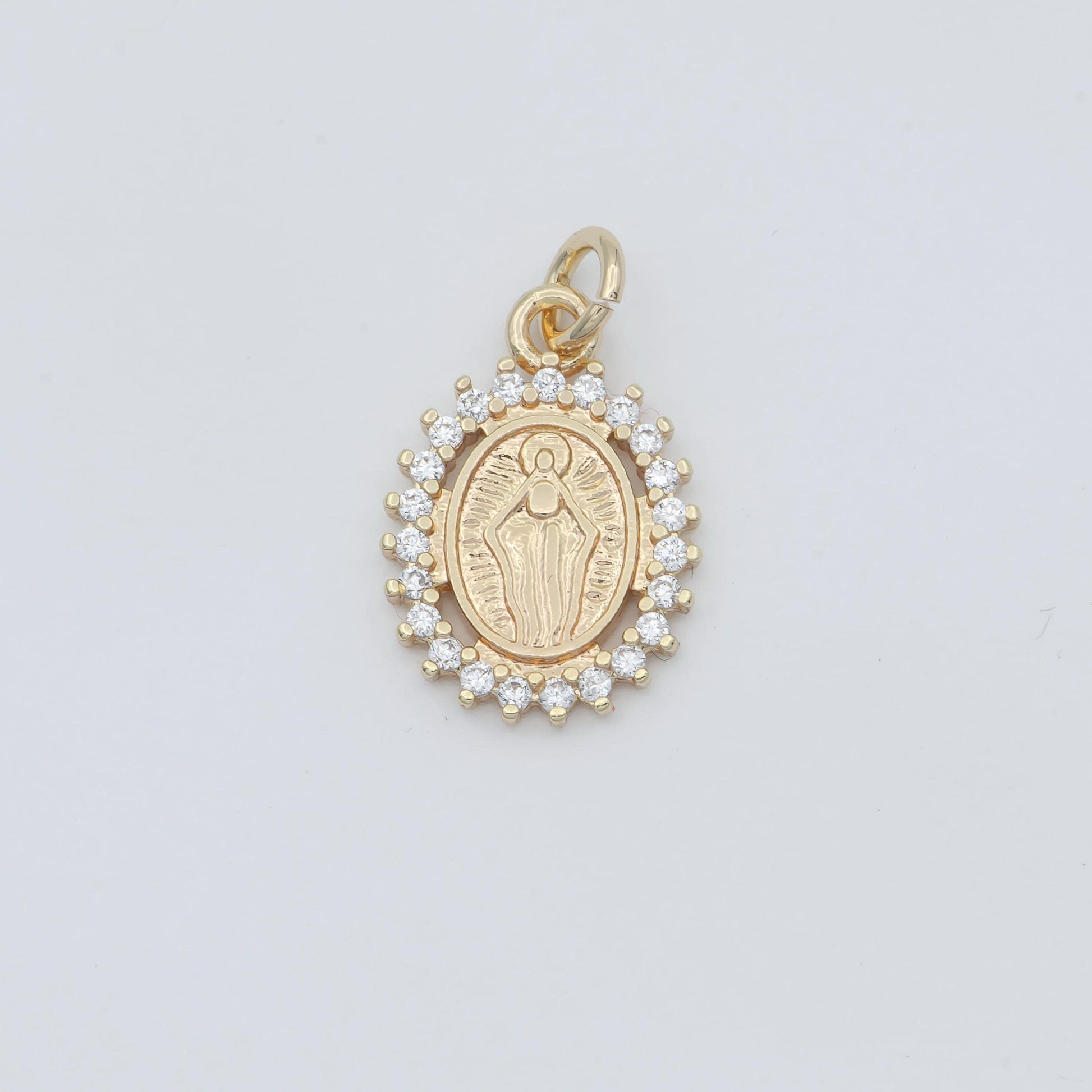 18K Gold Filled Religious Virgin Mary CZ Outline Oval Mini Charm | C005