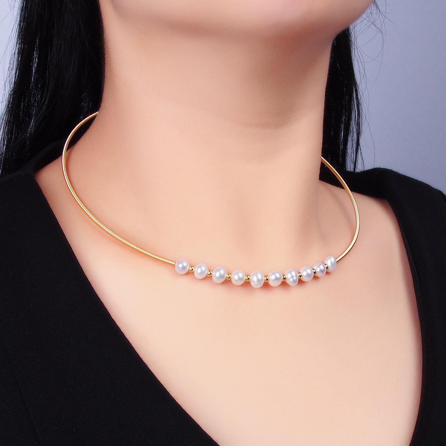 Dainty gold collar Pearl necklace silver choker necklace minimalist jewelry wire choker necklace adjustable wa-2730