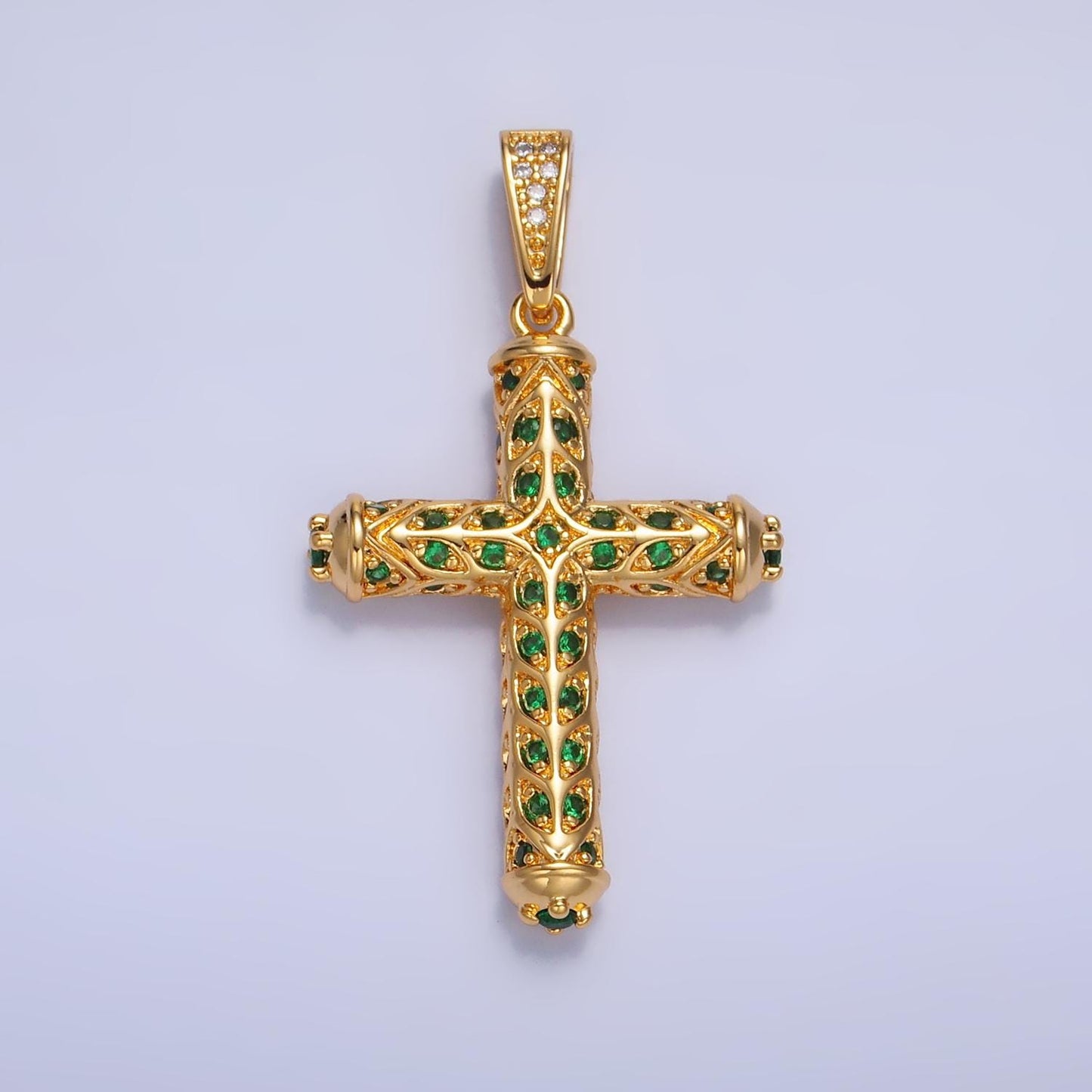 Statement Cross Pendant in 24K Gold Filled Clear, Green CZ Artisan Religious Cross Charm for Religious Jewelry Making | AA1077 AA1078