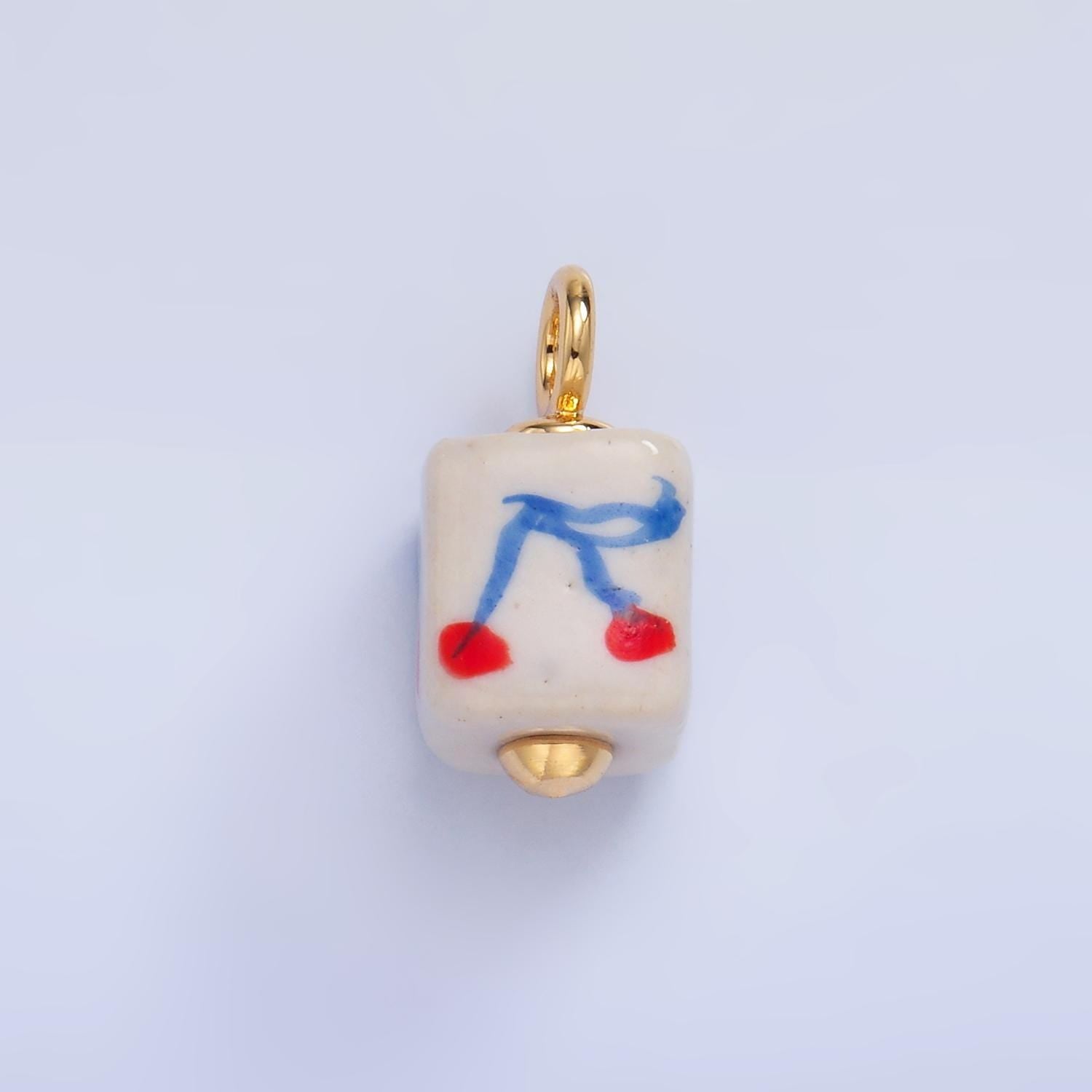 Dainty Cube ceramic charm handmade red Cherry painting ceramic porcelain vintage charm for necklace bracelet jewelry making supply W437