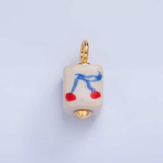 Dainty Cube ceramic charm handmade red Cherry painting ceramic porcelain vintage charm for necklace bracelet jewelry making supply W437