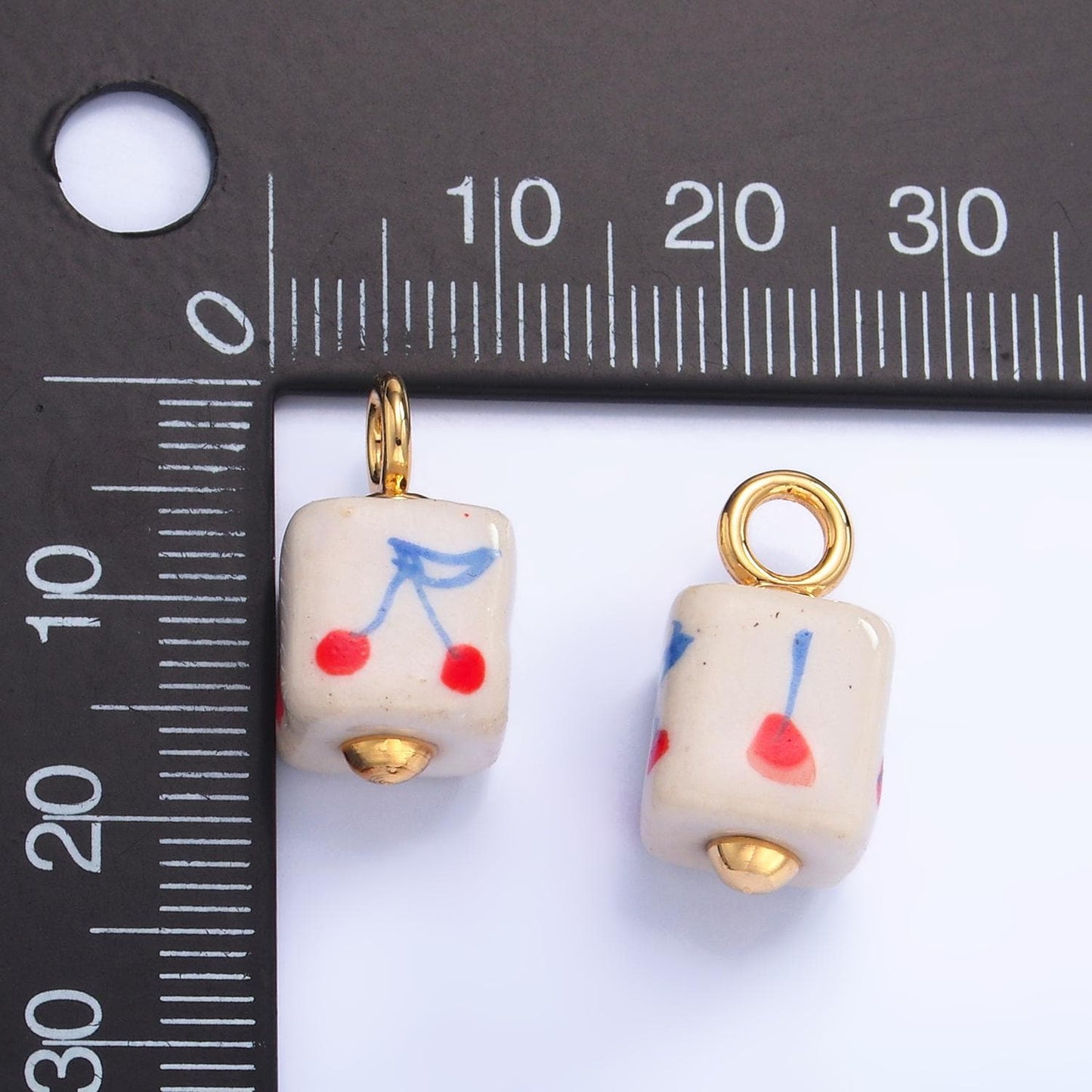 Dainty Cube ceramic charm handmade red Cherry painting ceramic porcelain vintage charm for necklace bracelet jewelry making supply W437