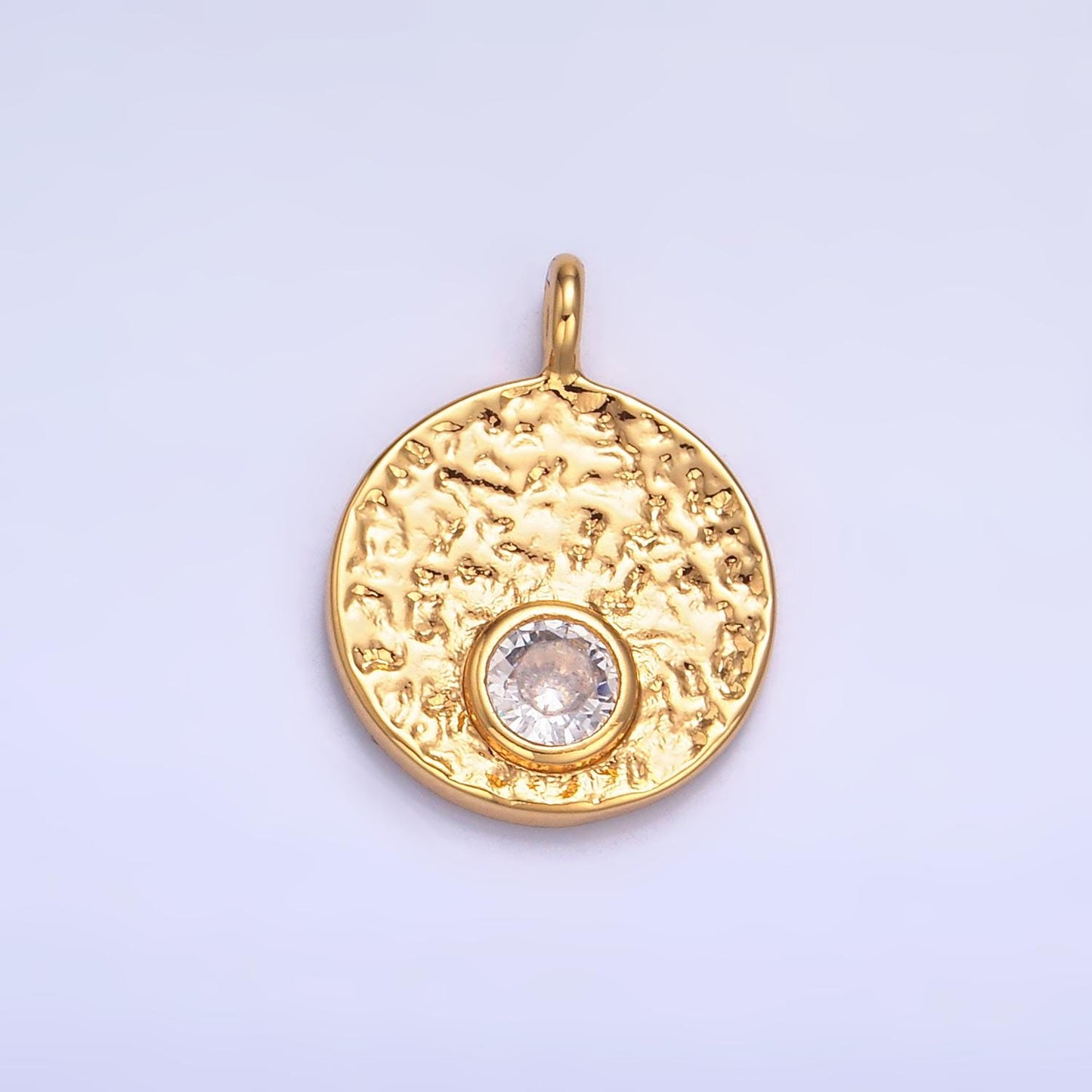 Hammered moon round gold coin charm gold rustic coin pendant size 17.3 x 13.3 mm pendant circle charm with Clear CZ Stone W438