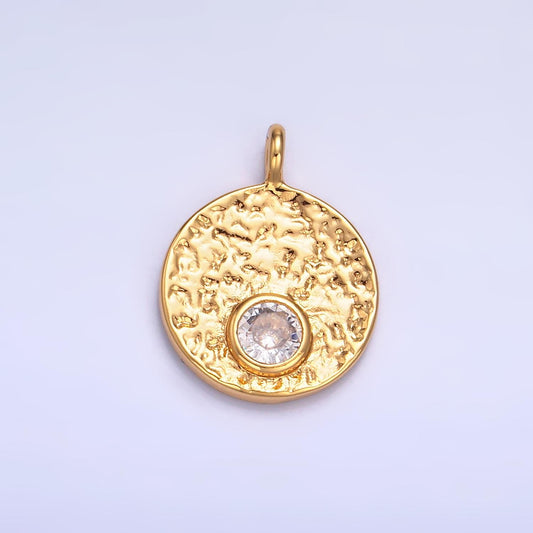 Hammered moon round gold coin charm gold rustic coin pendant size 17.3 x 13.3 mm pendant circle charm with Clear CZ Stone W438