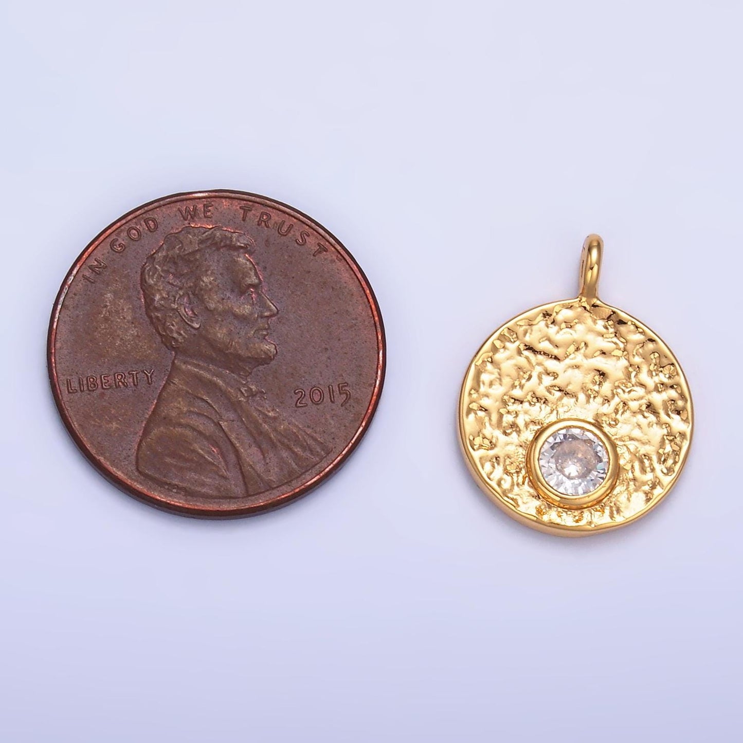 Hammered moon round gold coin charm gold rustic coin pendant size 17.3 x 13.3 mm pendant circle charm with Clear CZ Stone W438
