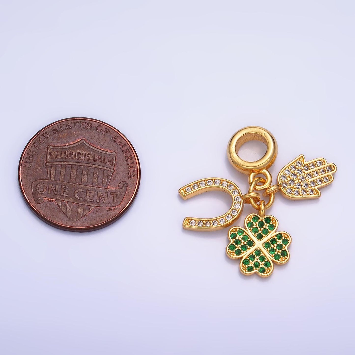 24K Gold Filled CZ Micro Paved Horse Shoe, Green Four Leaf Clover, Hamsa Hand Rondelle Drop Lucky Charms | W421