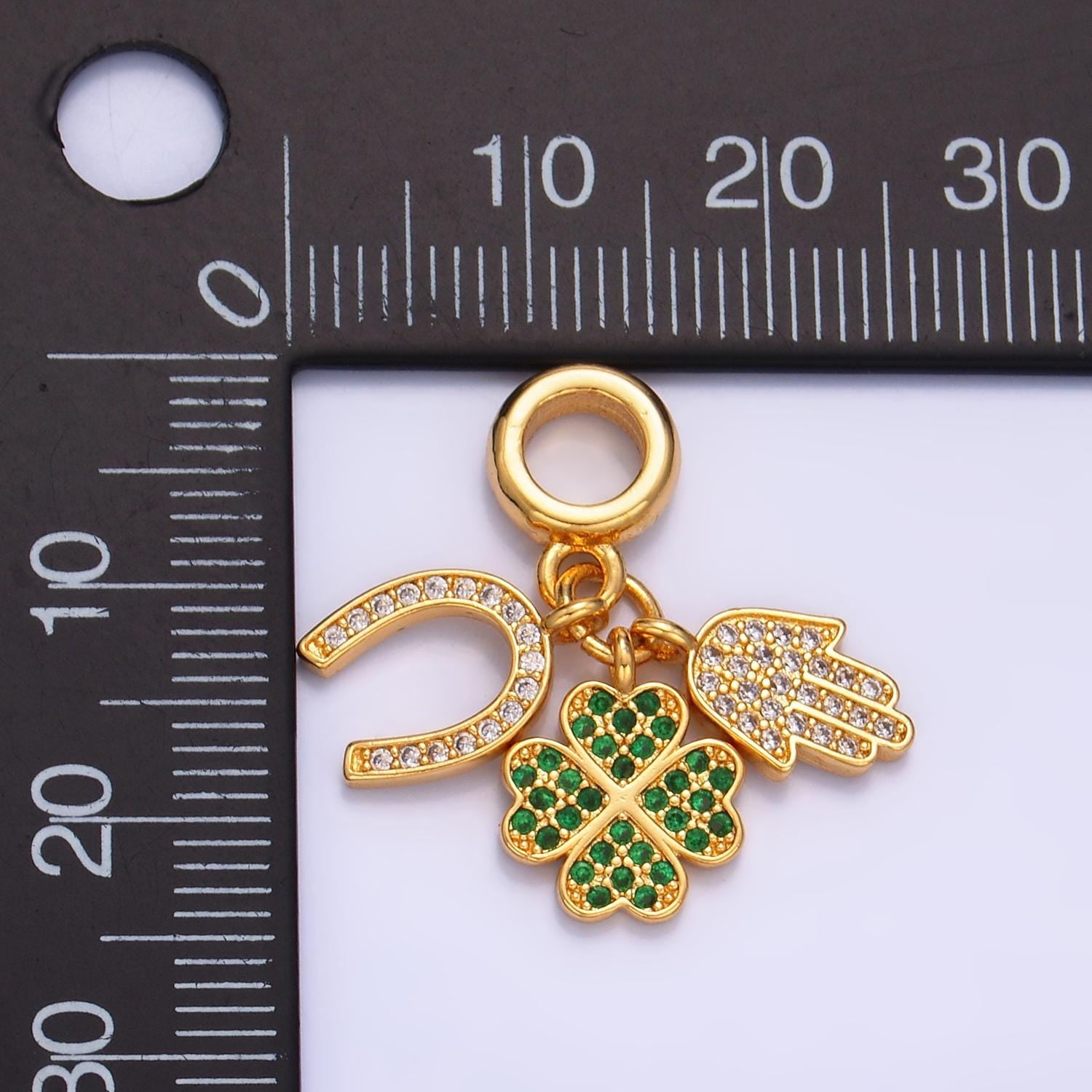 24K Gold Filled CZ Micro Paved Horse Shoe, Green Four Leaf Clover, Hamsa Hand Rondelle Drop Lucky Charms | W421