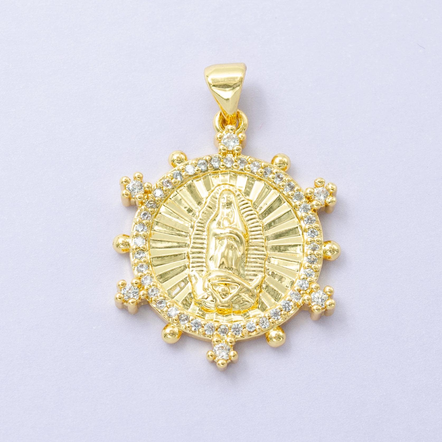14k Gold Filled Virgin Mary lady Guadalupe sunburst micro paved cz dotted outline pendant | I-775