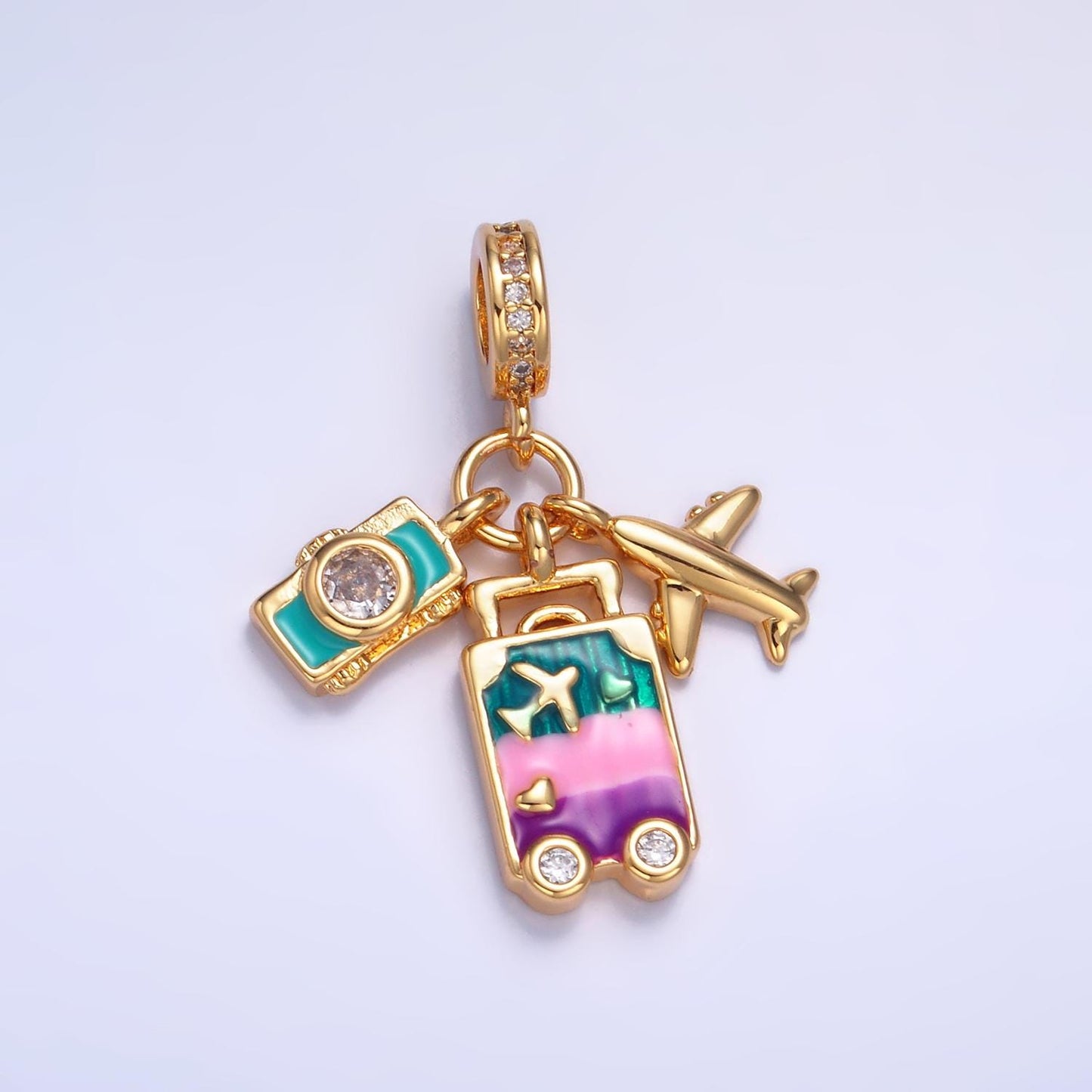 24k gold filled travel theme plane Camera Enamel suitcase rondelle bail drop pendant | W444