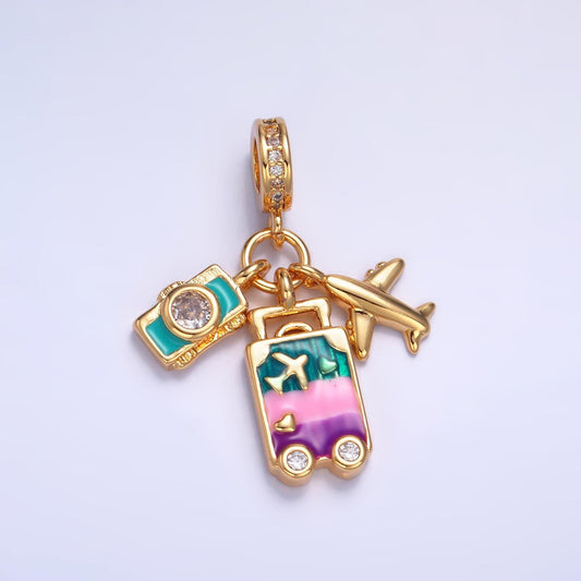 24k gold filled travel theme plane Camera Enamel suitcase rondelle bail drop pendant | W444