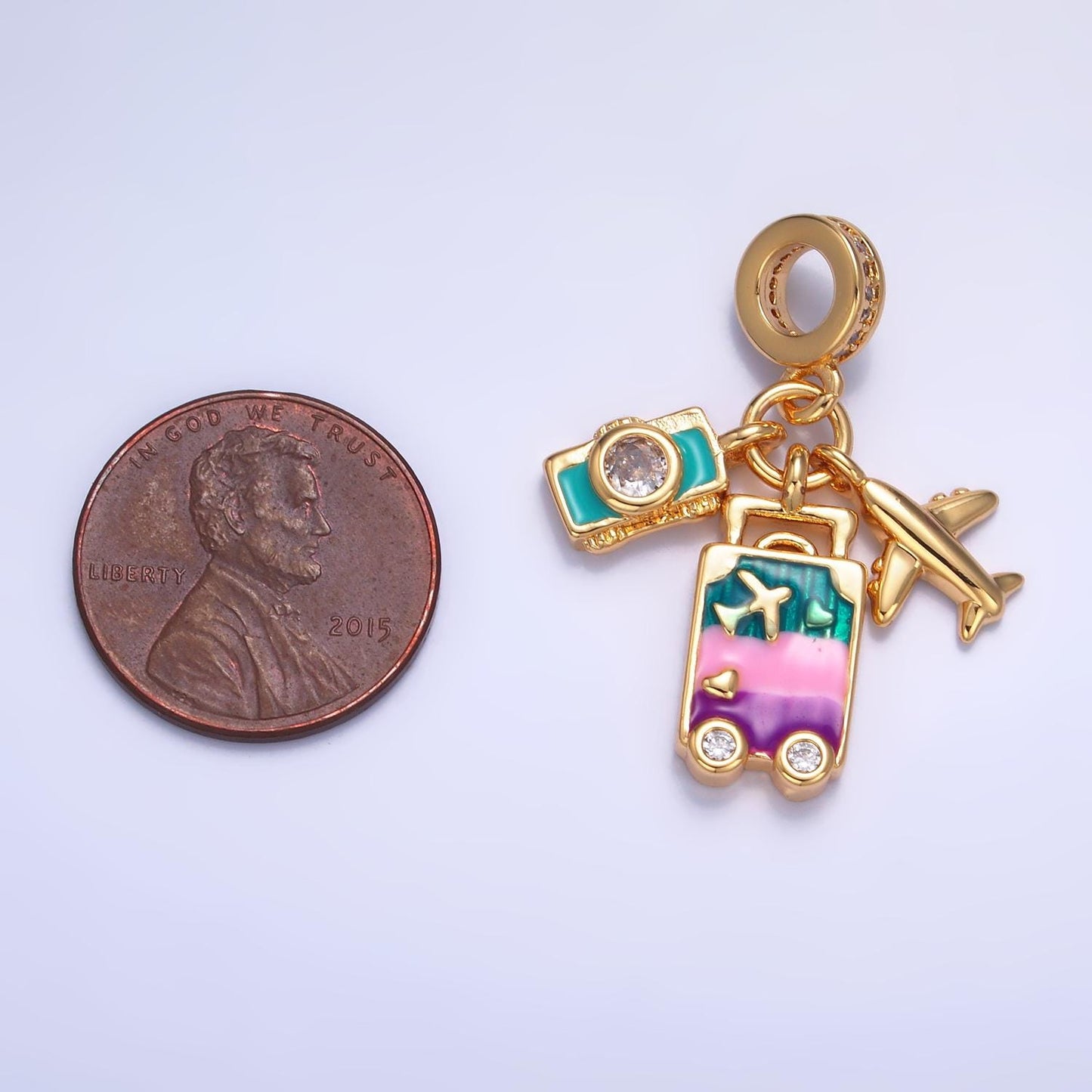 24k gold filled travel theme plane Camera Enamel suitcase rondelle bail drop pendant | W444
