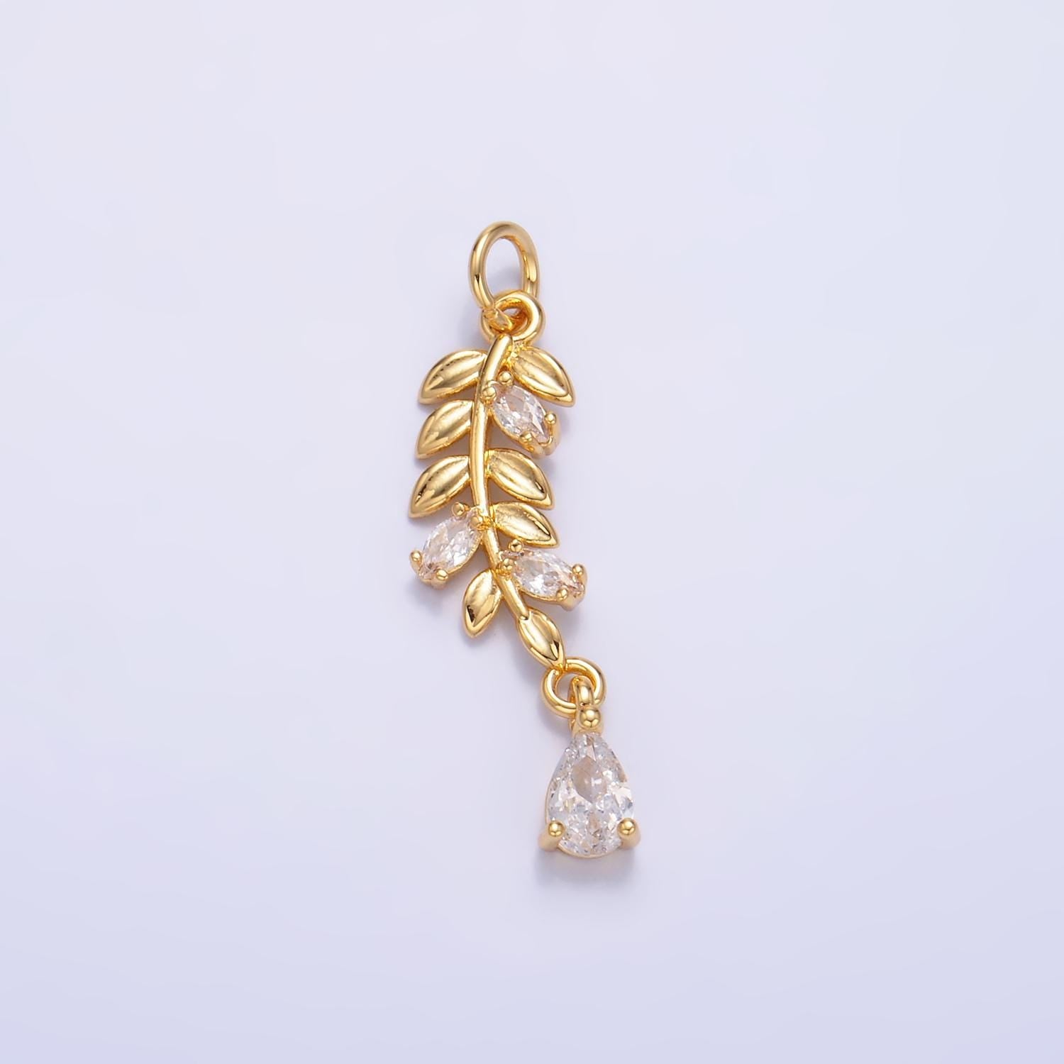 24K Gold Filled Teardrop CZ Leaf Nature Charm in Gold & Silver | W449