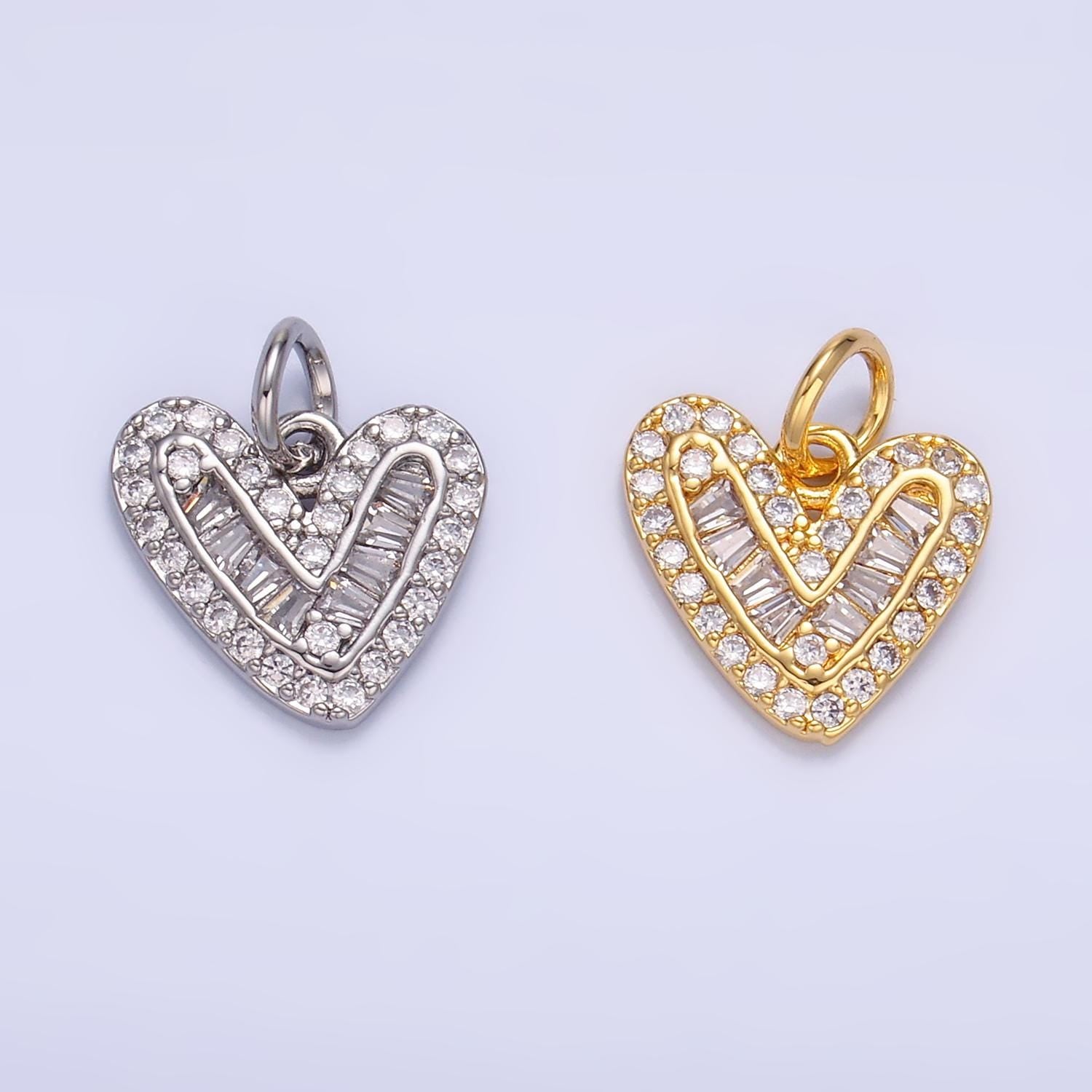 Mini 24K Gold Filled Micro Paved CZ Baguette Heart Charm in Gold & Silver | W446