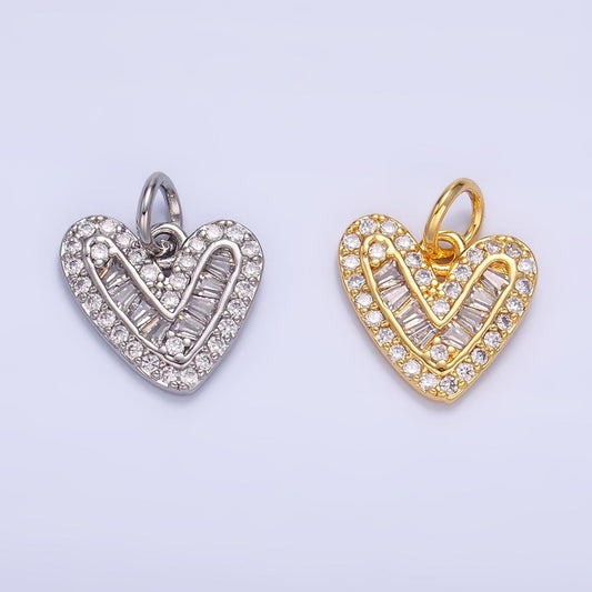 Mini 24K Gold Filled Micro Paved CZ Baguette Heart Charm in Gold & Silver | W446