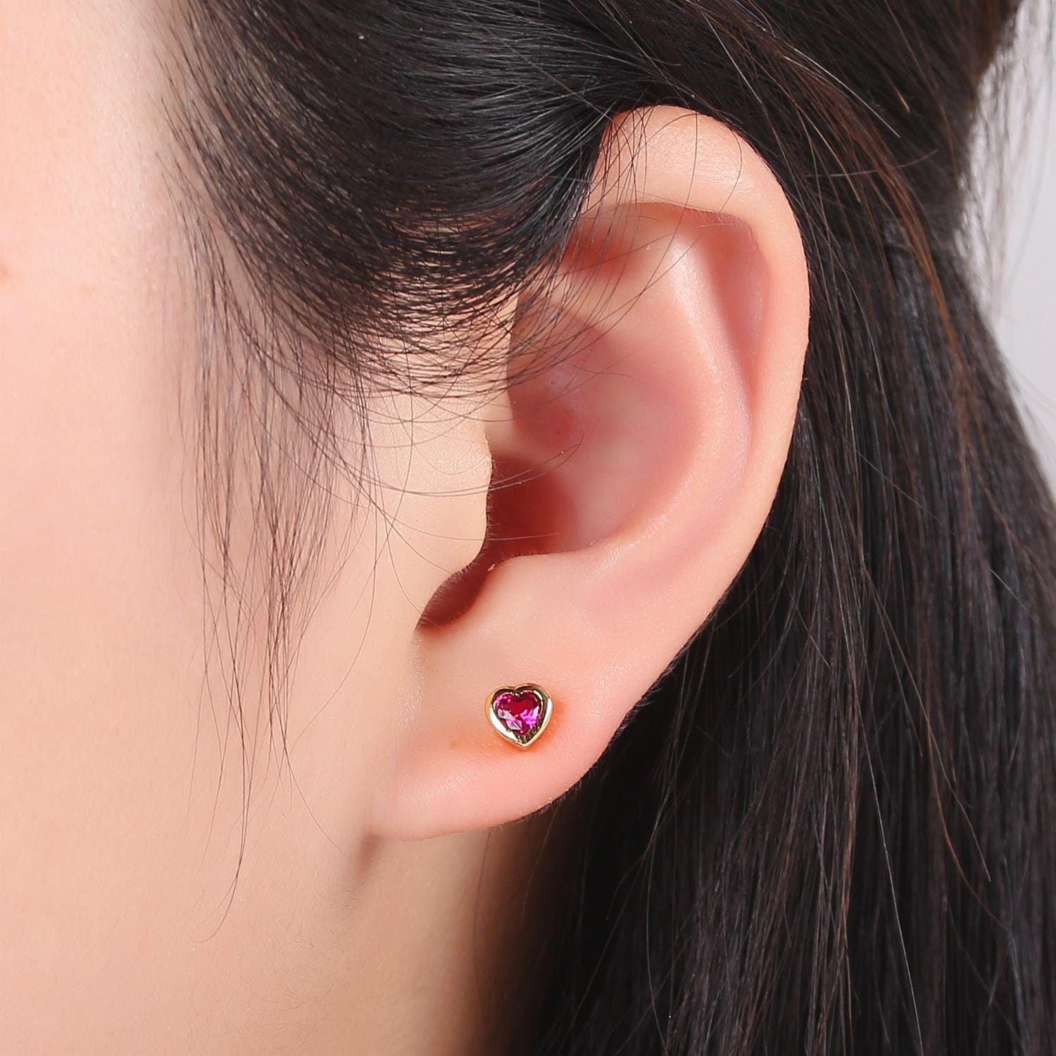 1x tiny heart cz plain bezel set earrings, 14k gold earring, tiny studs, minimal earring, gold cz stud earring