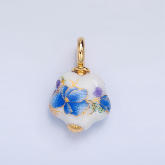Dainty Floral Ceramic Charm Handmade Blue Flower Painting Ceramic Porcelain Vintage Charm For Necklace Bracelet Jewelry Making Supply X924