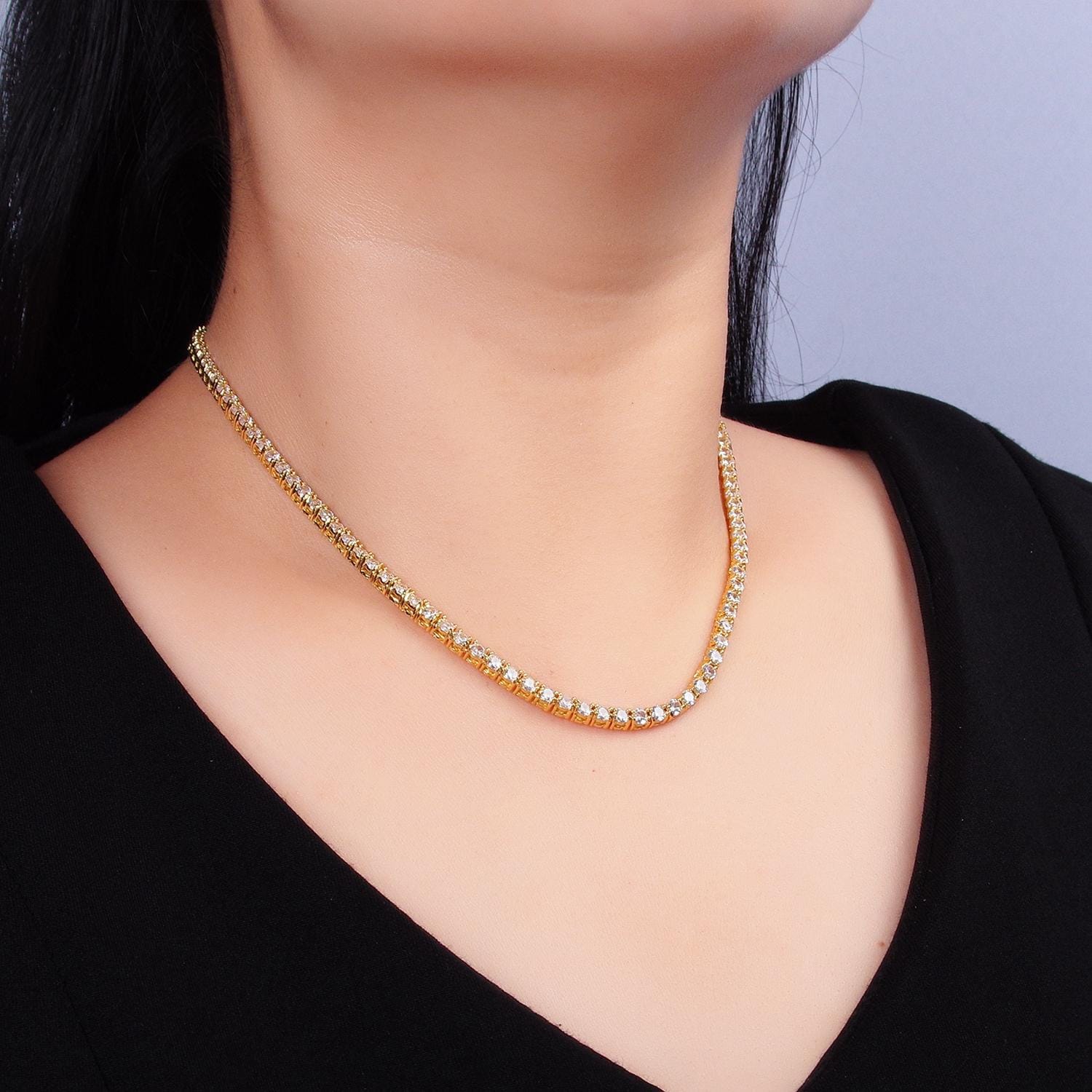 24k gold filled tennis choker necklace CZ diamond tennis necklace Clear cubic zirconia stones 17 inch Long | WA2661