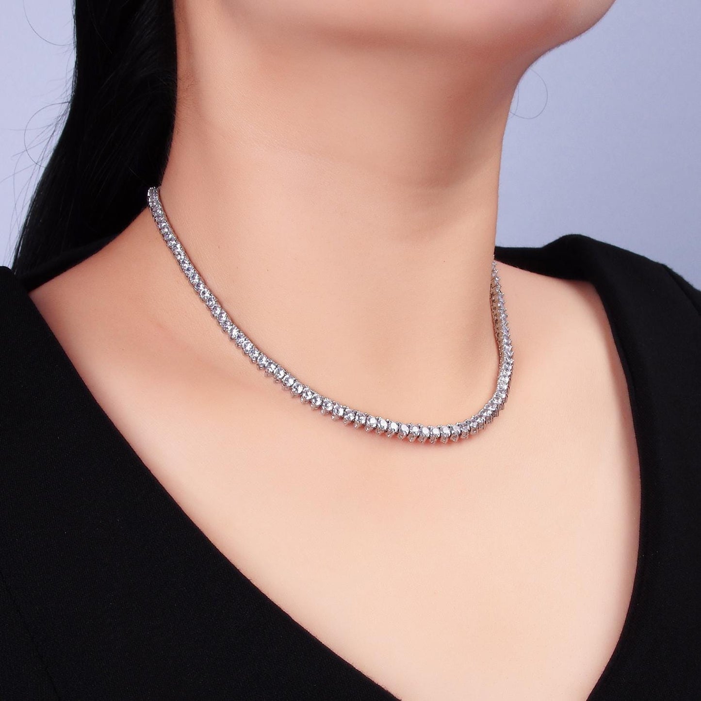 Silver tennis choker necklace CZ diamond tennis necklace Clear cubic zirconia stones 16 inch Long | WA2662