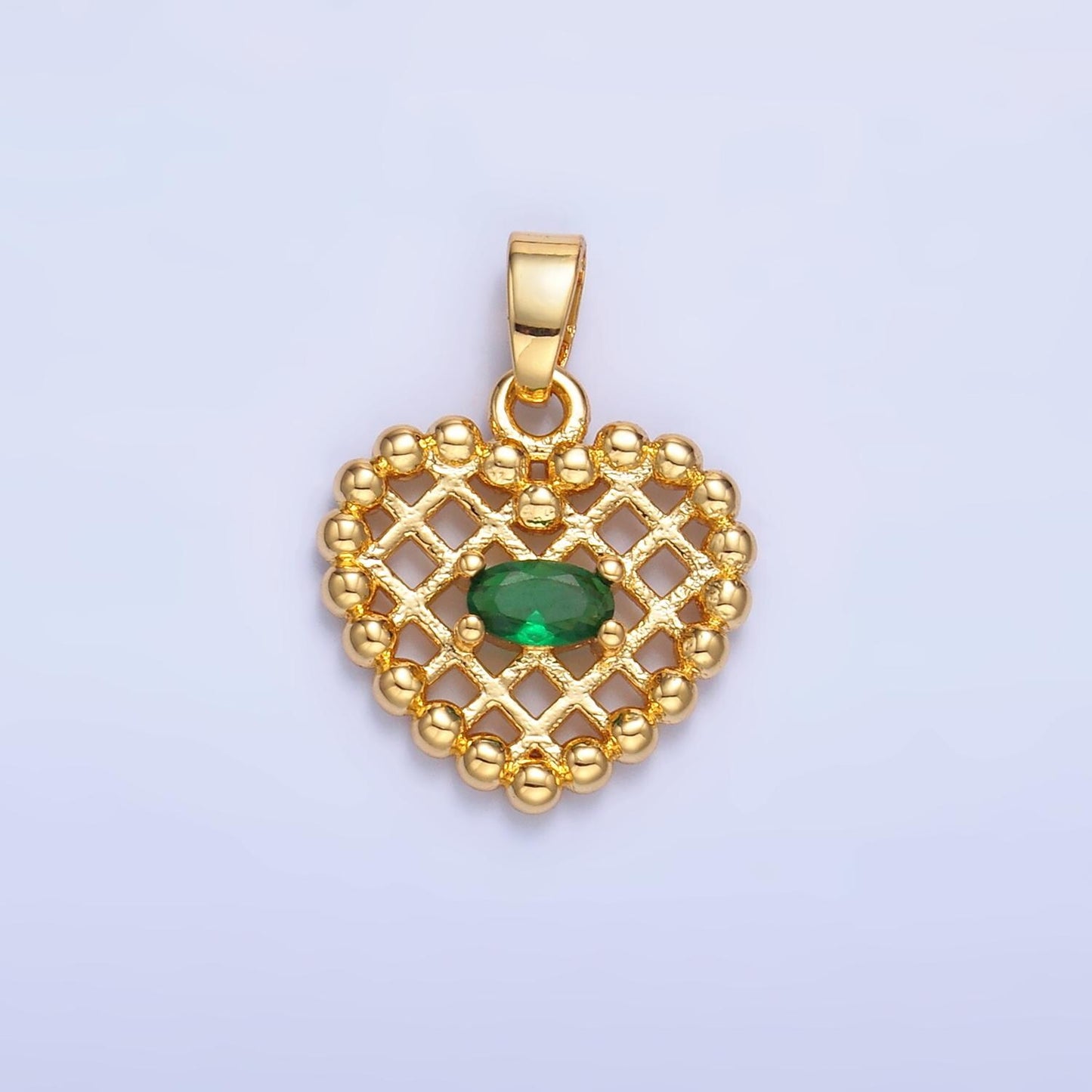 1pc Gold Waffle Heart Beaded Charm Green Cubic Zirconia Love Pendant Charm Bracelet Necklace Charm AA1431