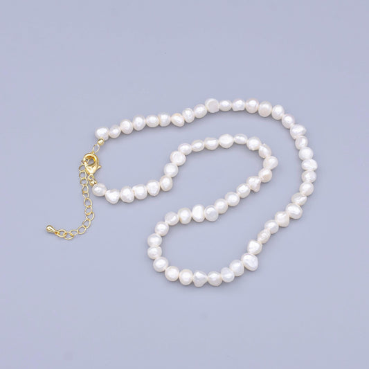 Handmade Pearl choker necklace rice pearl chain necklace mother of pearl necklace, 14 " + 2 " extender necklace beaded gold chain WA2915
