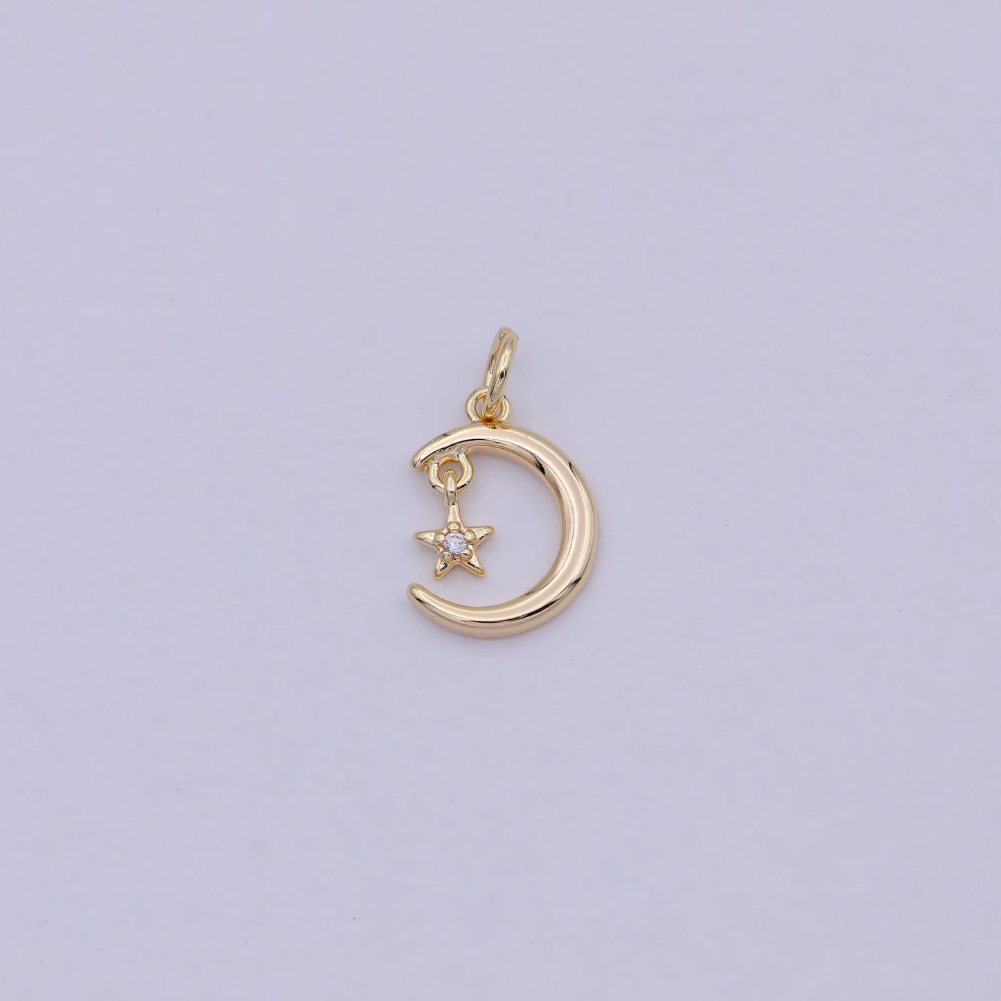 Mini Crescent Moon & Star CZ 16K Gold Filled Celestial Charm | W-178