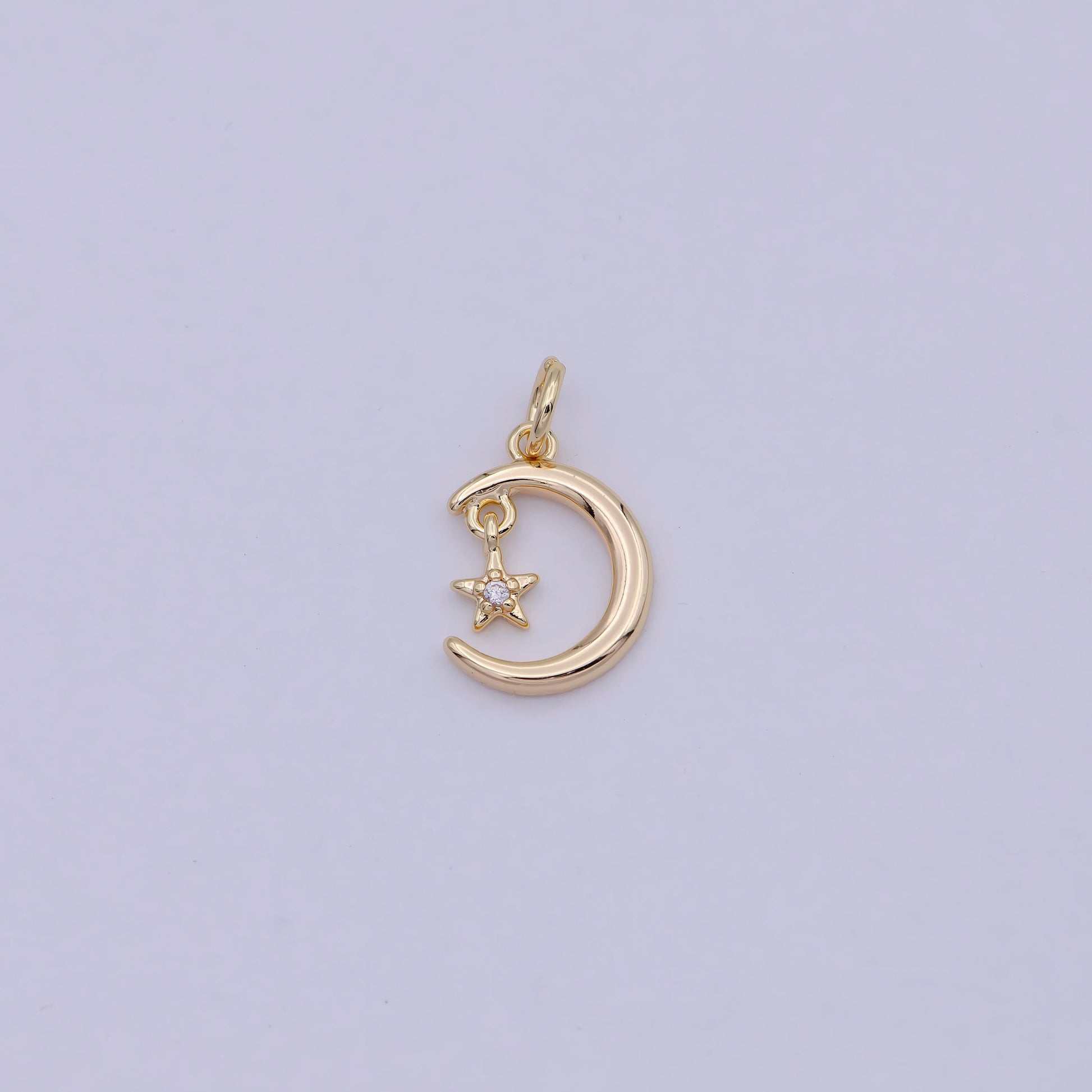 Mini Crescent Moon & Star CZ 16K Gold Filled Celestial Charm | W-178