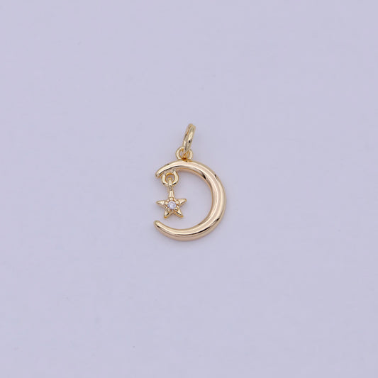 Mini Crescent Moon & Star CZ 16K Gold Filled Celestial Charm | W-178