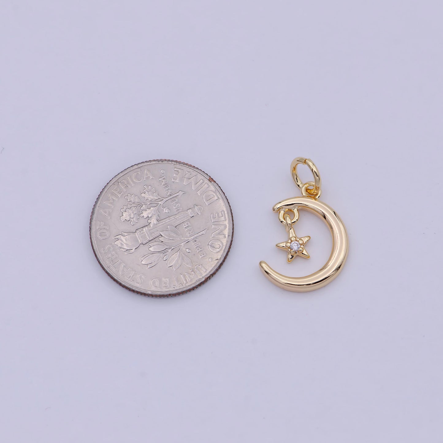 Mini Crescent Moon & Star CZ 16K Gold Filled Celestial Charm | W-178