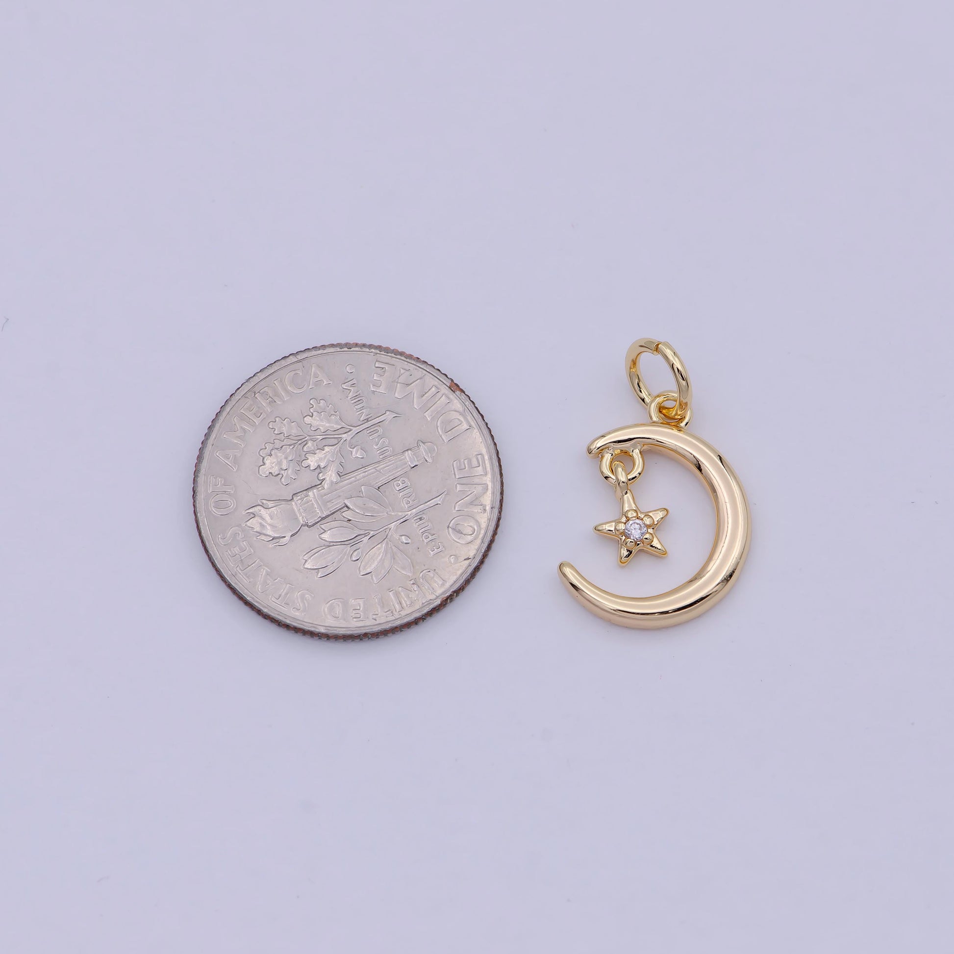 Mini Crescent Moon & Star CZ 16K Gold Filled Celestial Charm | W-178