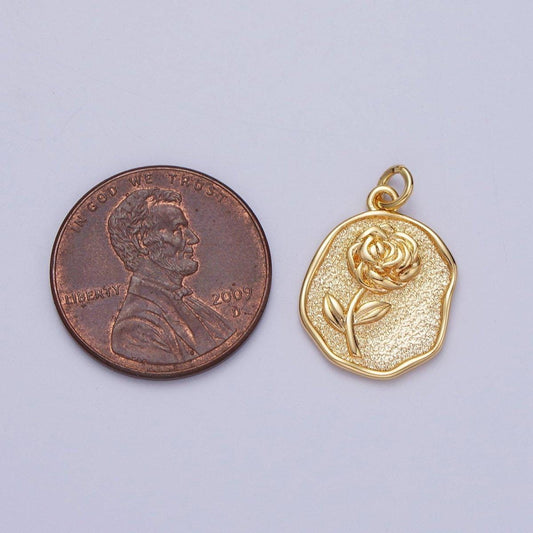 Coin Shaped Rose Flower Gold Filled Floral Charm | N-570