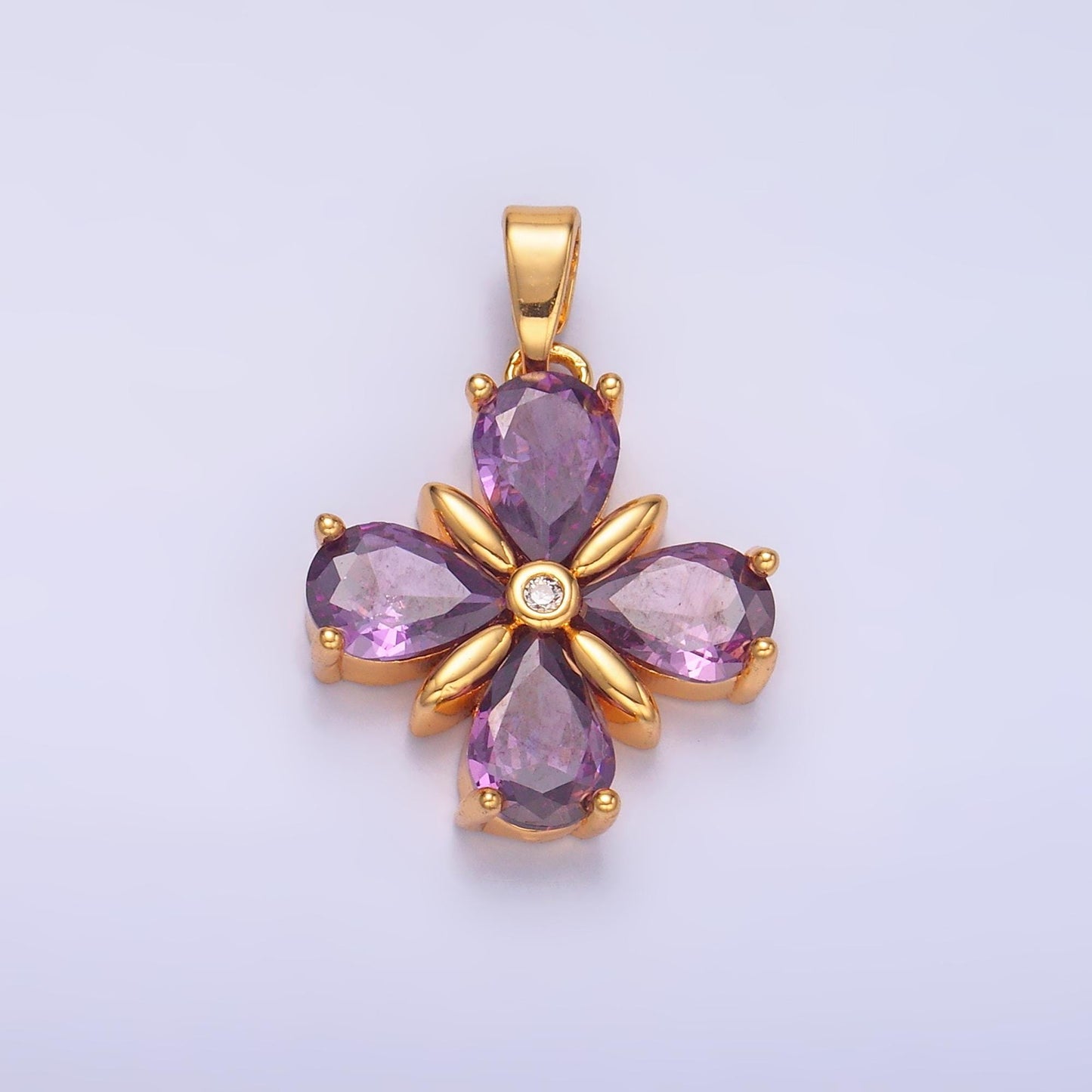 Gold Floral Charm with amethyst purple cubic zirconia cz, flower pendant for jewelry necklace making AA1433