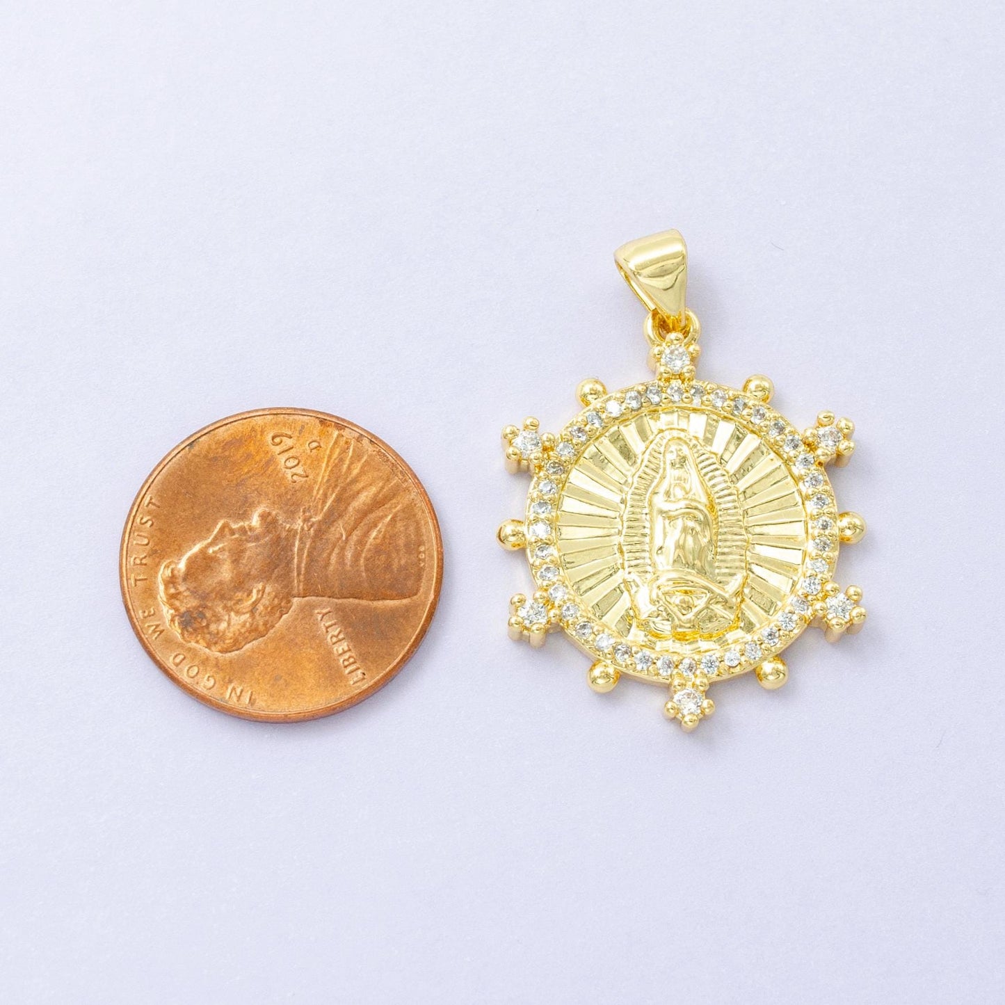 14k Gold Filled Virgin Mary lady Guadalupe sunburst micro paved cz dotted outline pendant | I-775
