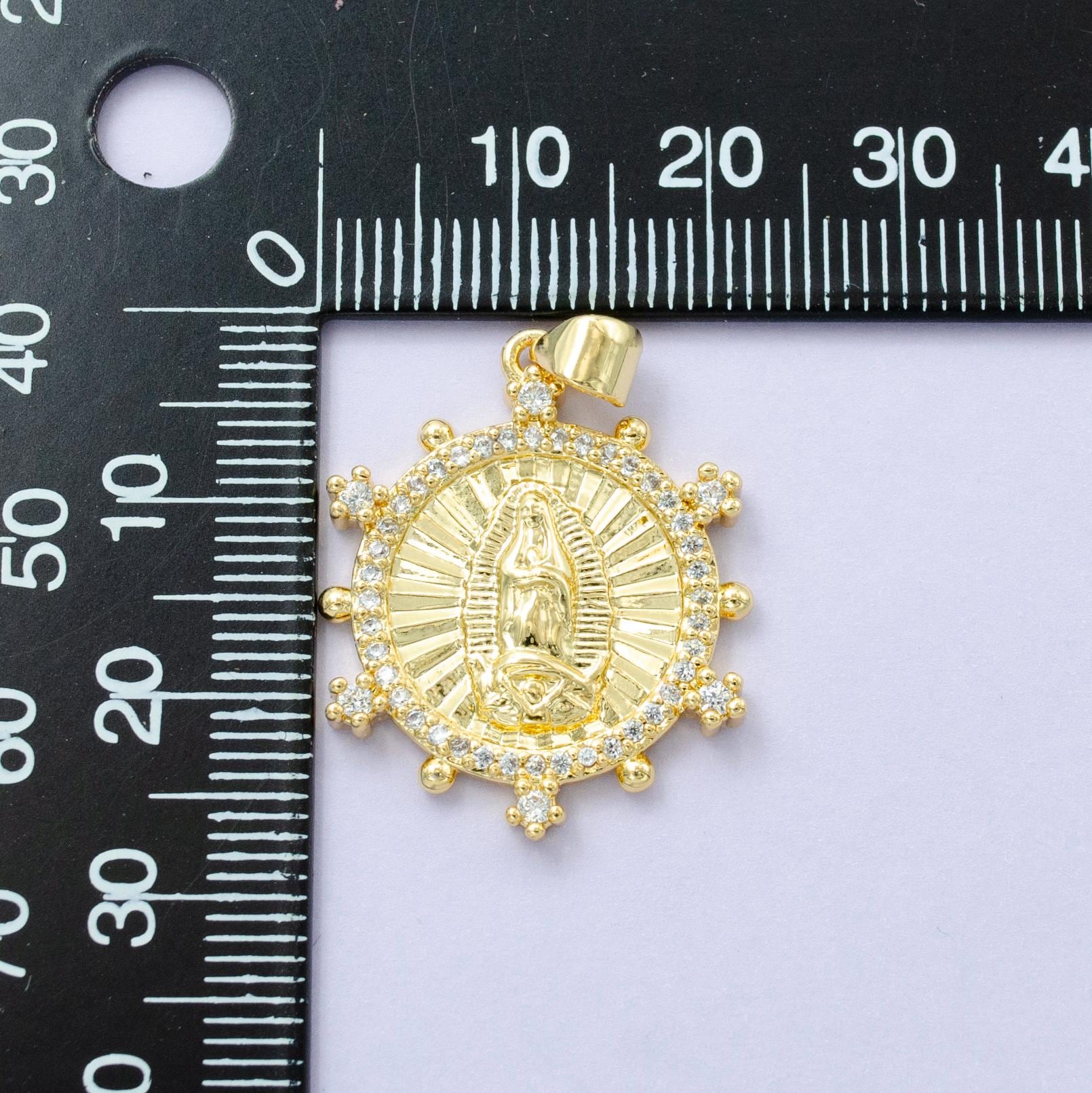 14k Gold Filled Virgin Mary lady Guadalupe sunburst micro paved cz dotted outline pendant | I-775