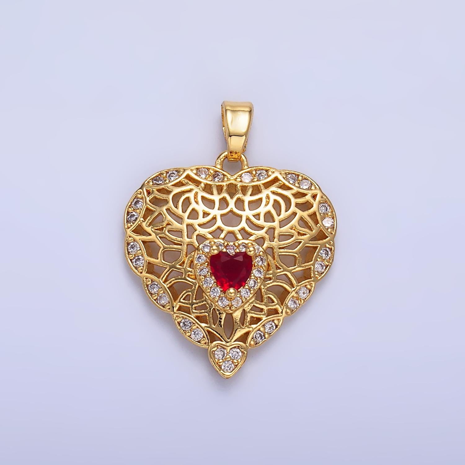 24K Gold Filled Red CZ Micro Paved CZ Filigree Heart Pendant | AA1423