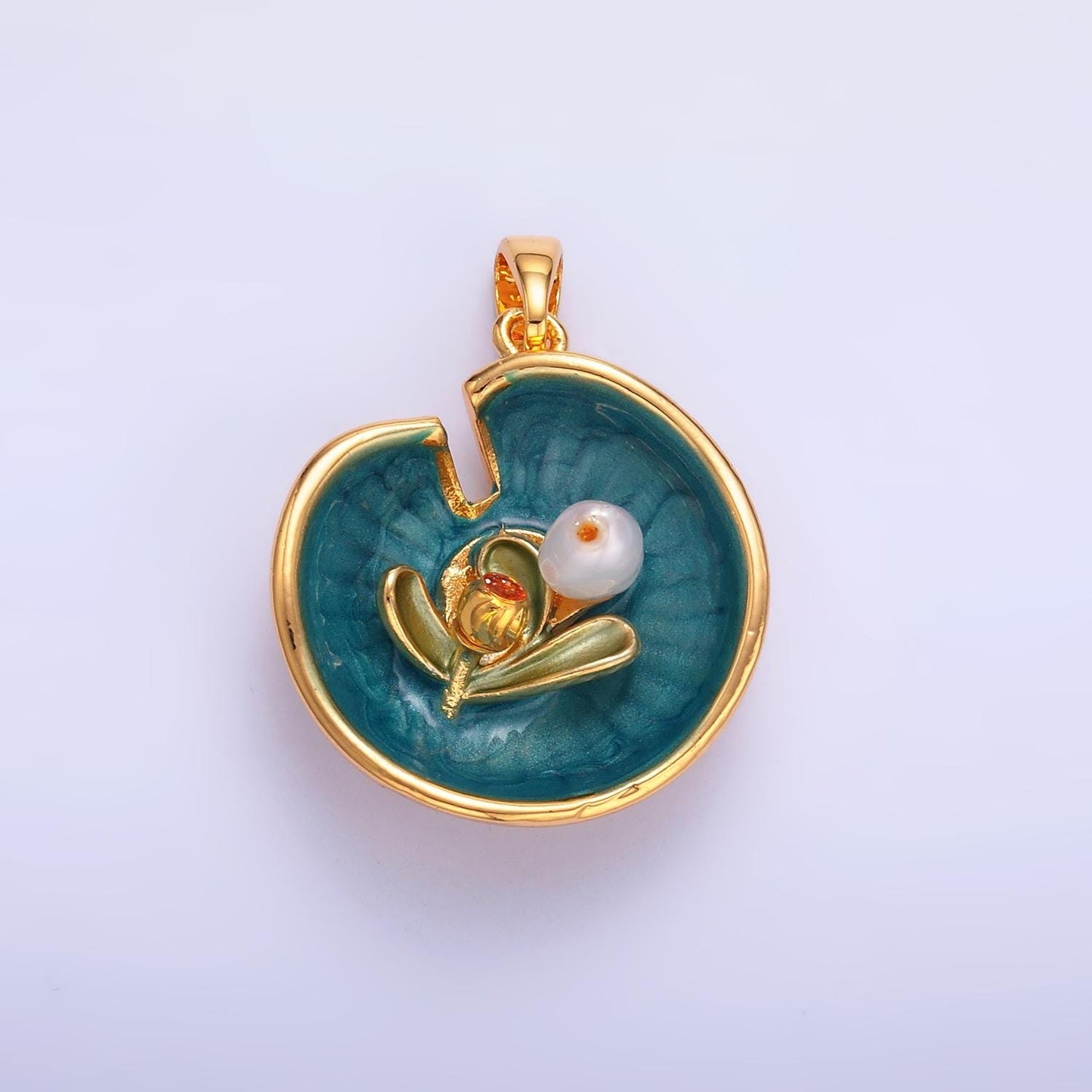 24K Gold Filled Water Lily Flower Arrangement Pearl Enamel Charm in Gold & Silver | AA1424