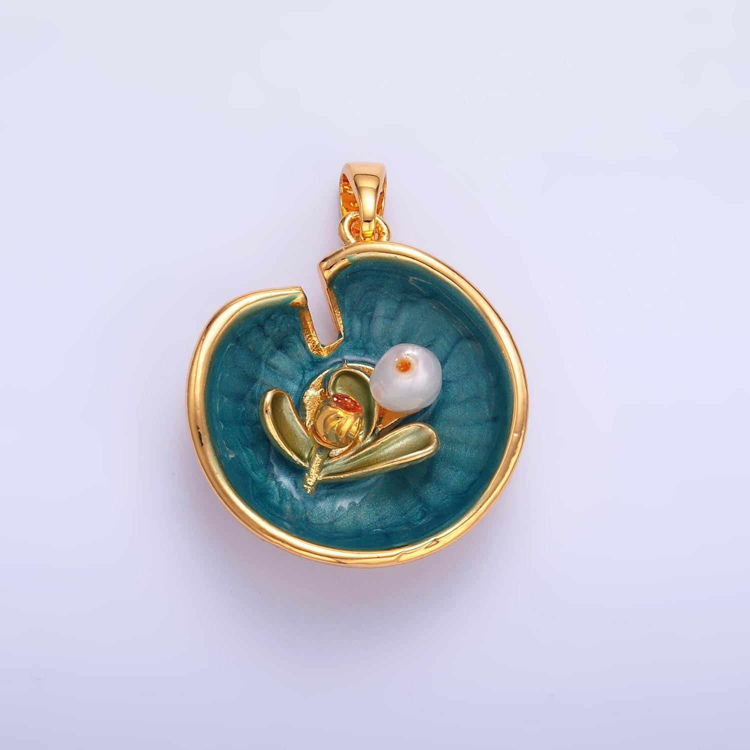 24K Gold Filled Water Lily Flower Arrangement Pearl Enamel Charm in Gold & Silver | AA1424