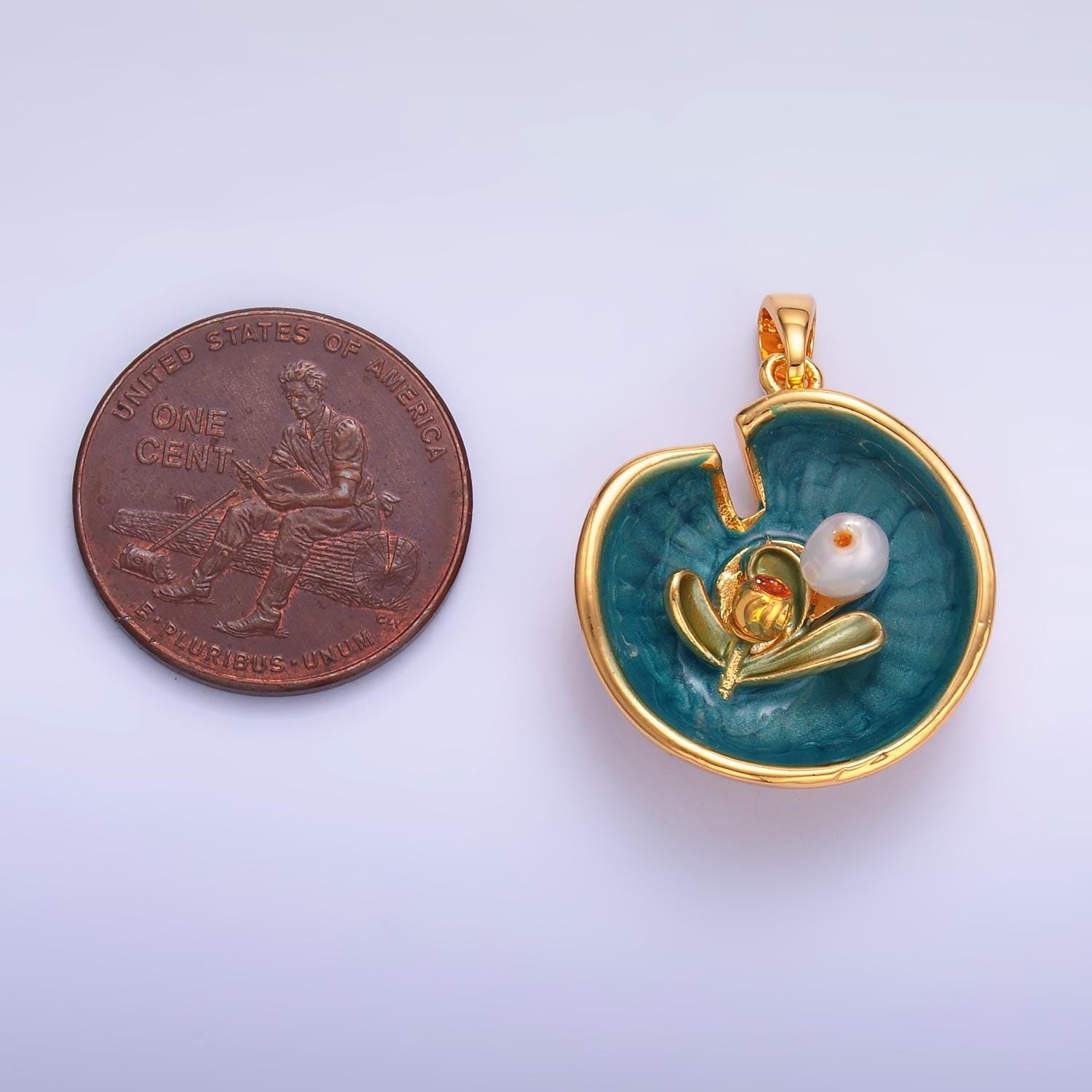 24K Gold Filled Water Lily Flower Arrangement Pearl Enamel Charm in Gold & Silver | AA1424