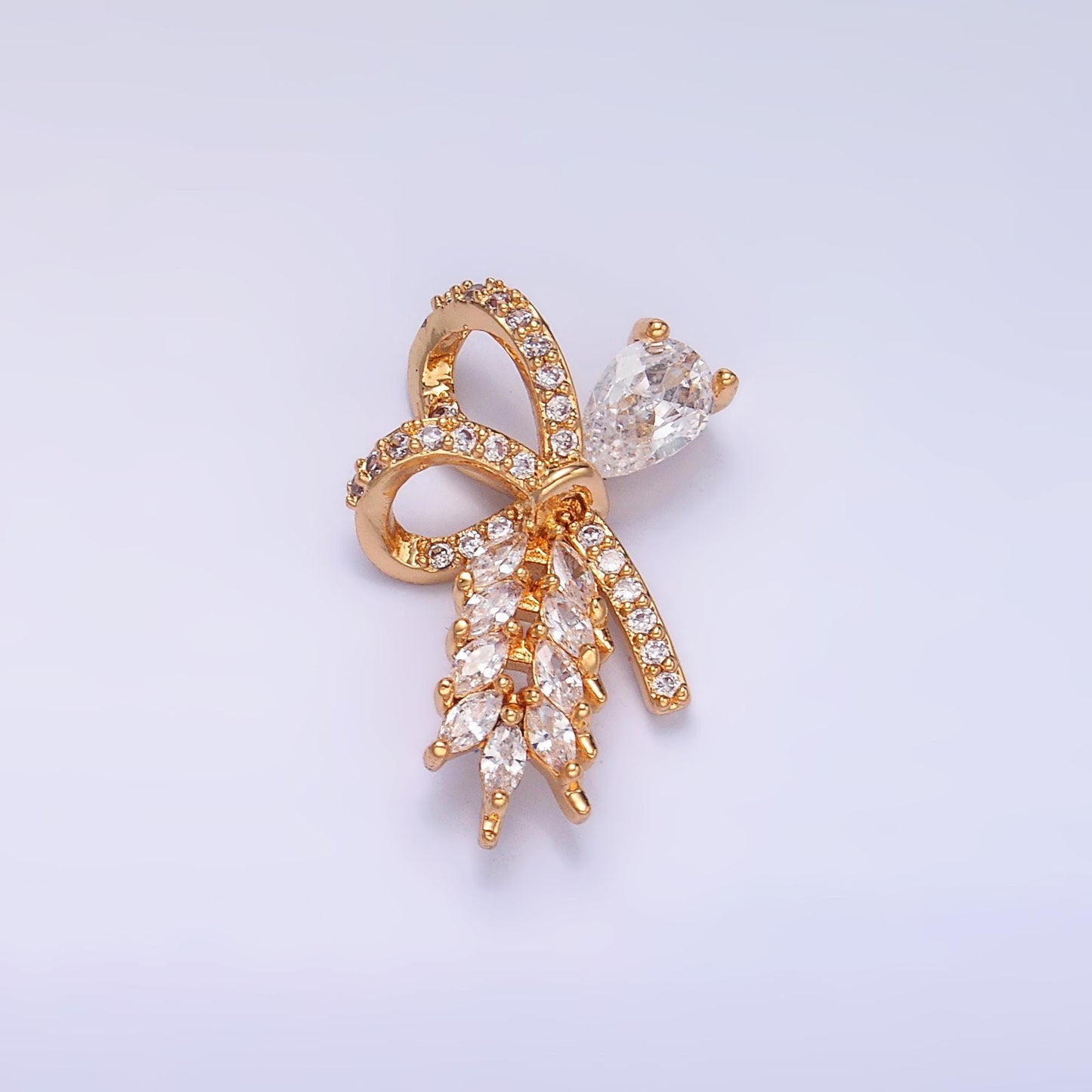 24K Gold Filled Clear Micro Pave CZ Tear Drop Ribbon Bow Charm | AA1438
