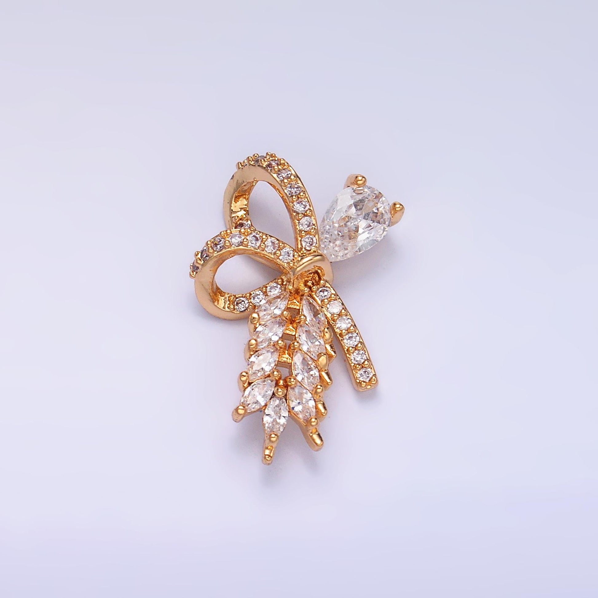 24K Gold Filled Clear Micro Pave CZ Tear Drop Ribbon Bow Charm | AA1438