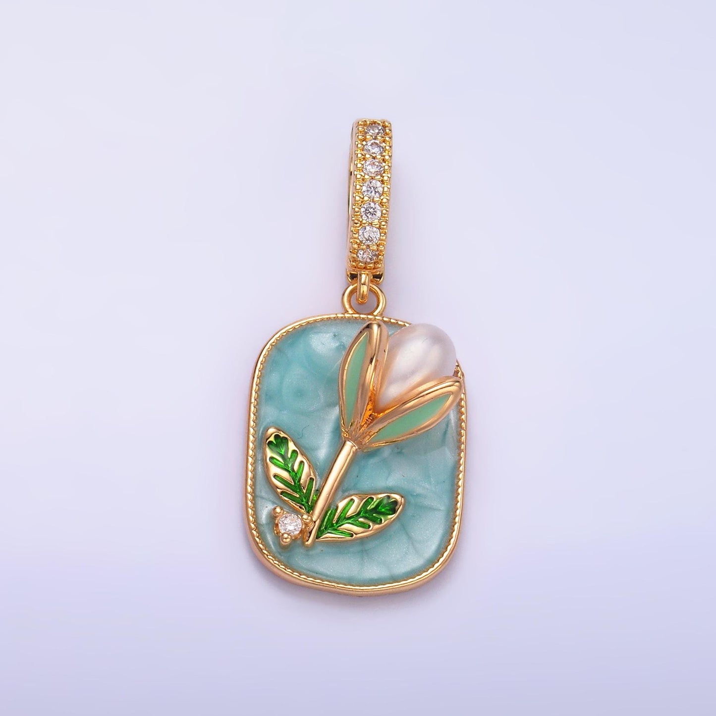 24K Gold Filled Enamel Tulip Flower Pearl Floral Bud Charm in Gold With Enhanced Clasp | AA1444