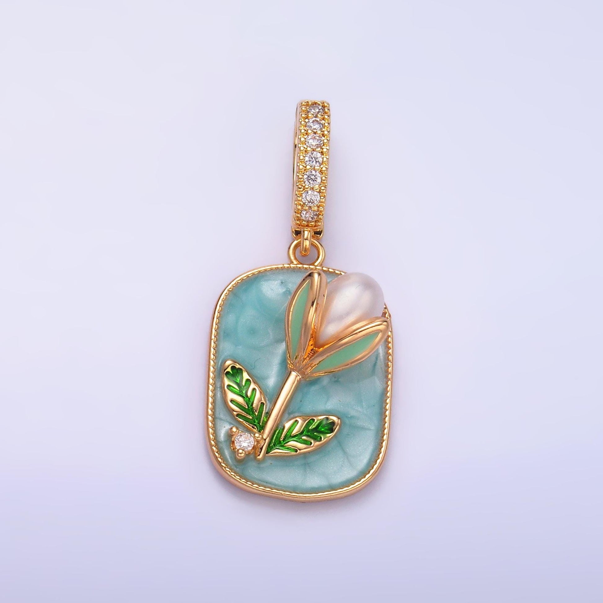 24K Gold Filled Enamel Tulip Flower Pearl Floral Bud Charm in Gold With Enhanced Clasp | AA1444