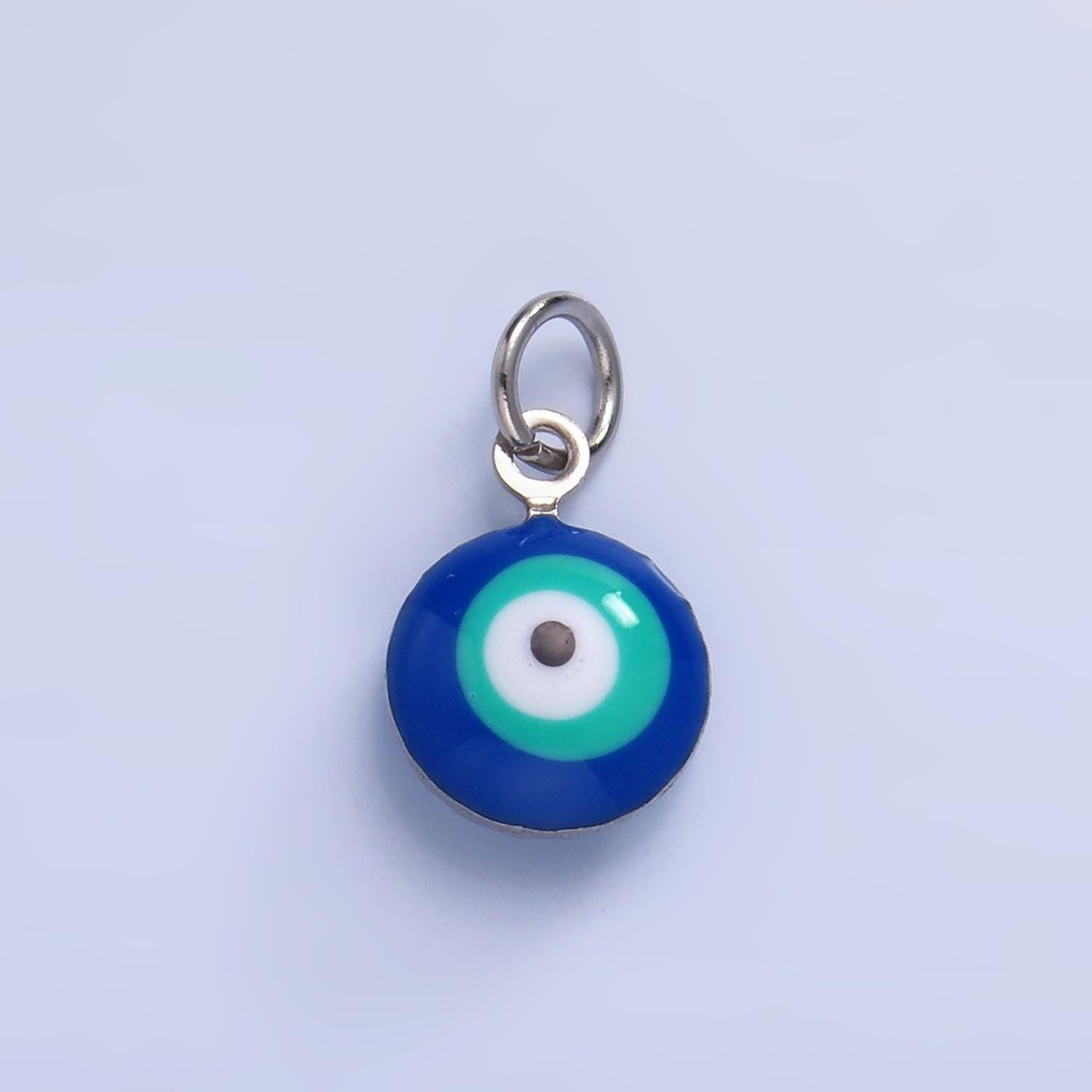 Double Sided Gold Stainless Steel white, blue evil eye enamel 8mm round charm | P729