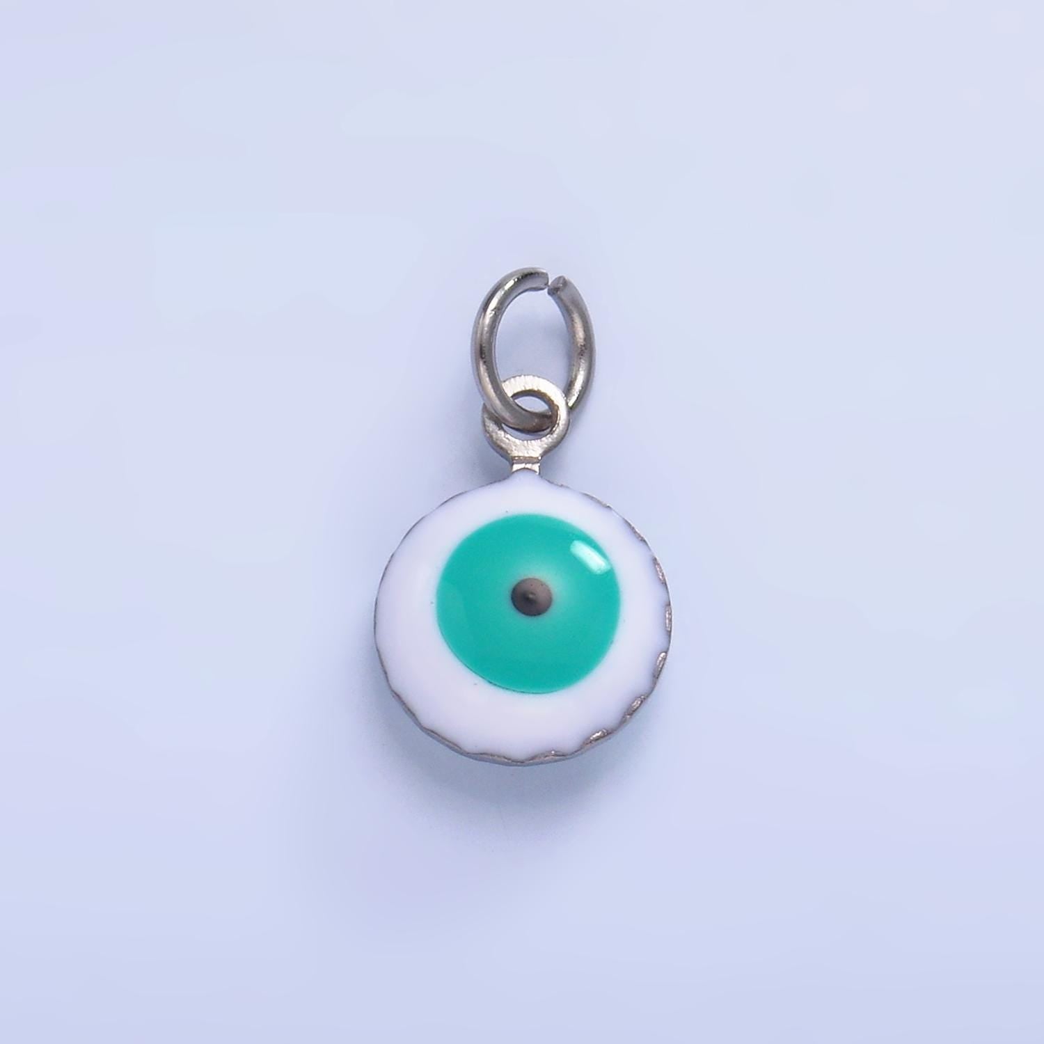 Double Sided Gold Stainless Steel white, blue evil eye enamel 8mm round charm | P729