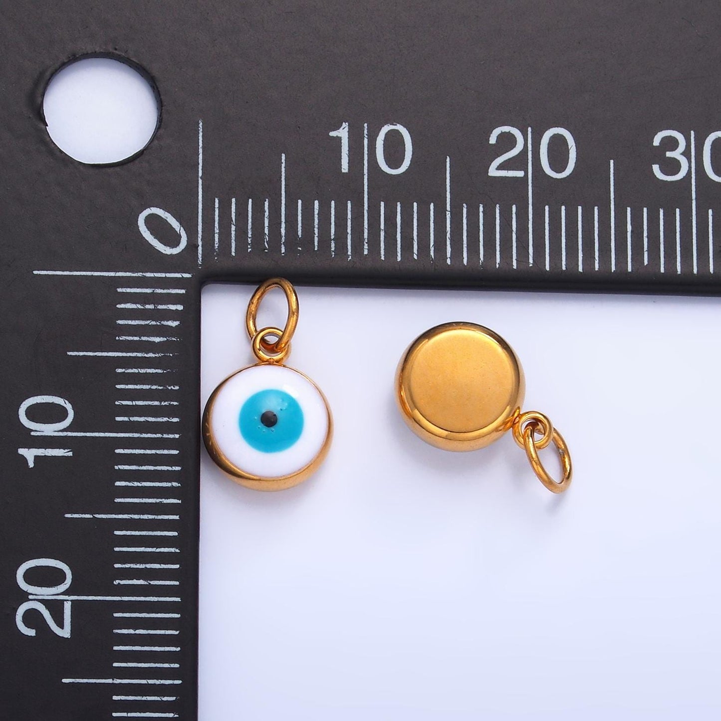 PVD Gold Plate Stainless Steel white, blue evil eye enamel 8mm round charm | P727