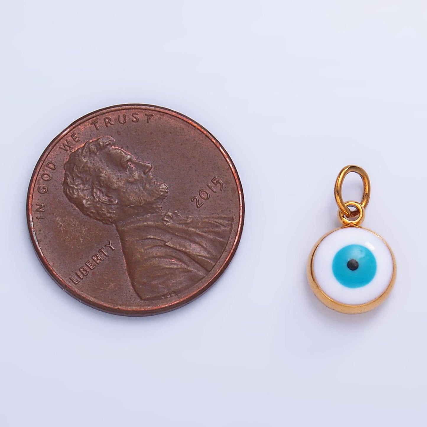 PVD Gold Plate Stainless Steel white, blue evil eye enamel 8mm round charm | P727