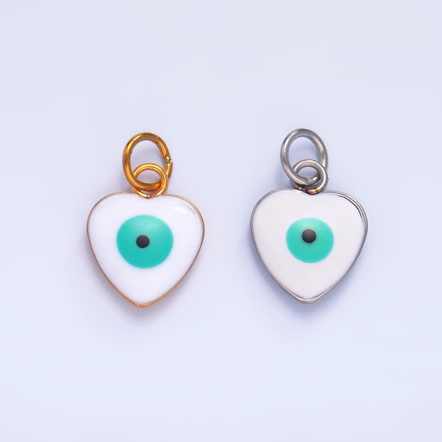 PVD Gold Plate Stainless Steel white, blue evil eye enamel 8mm Heart charm | P733