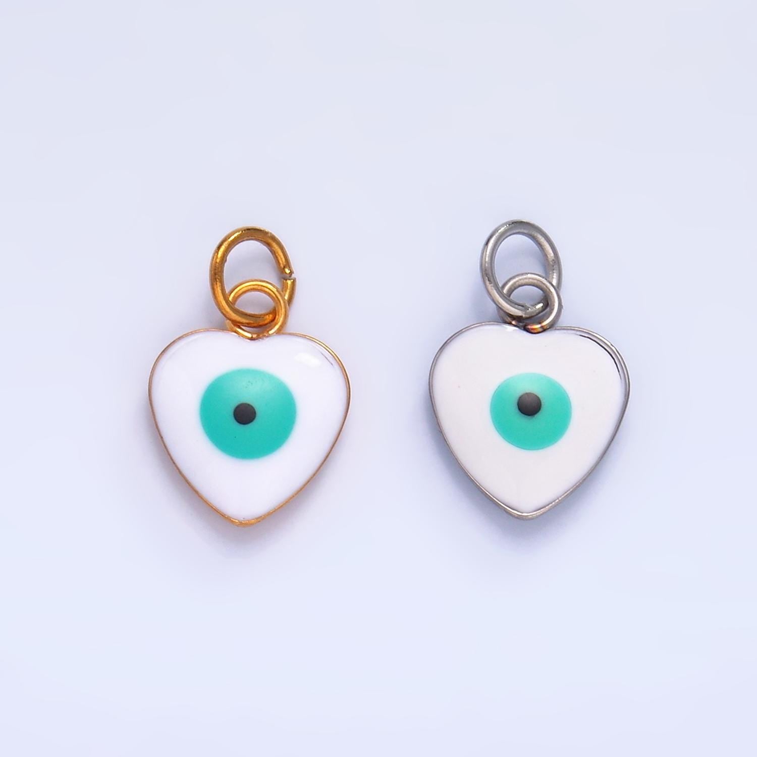 PVD Gold Plate Stainless Steel white, blue evil eye enamel 8mm Heart charm | P733