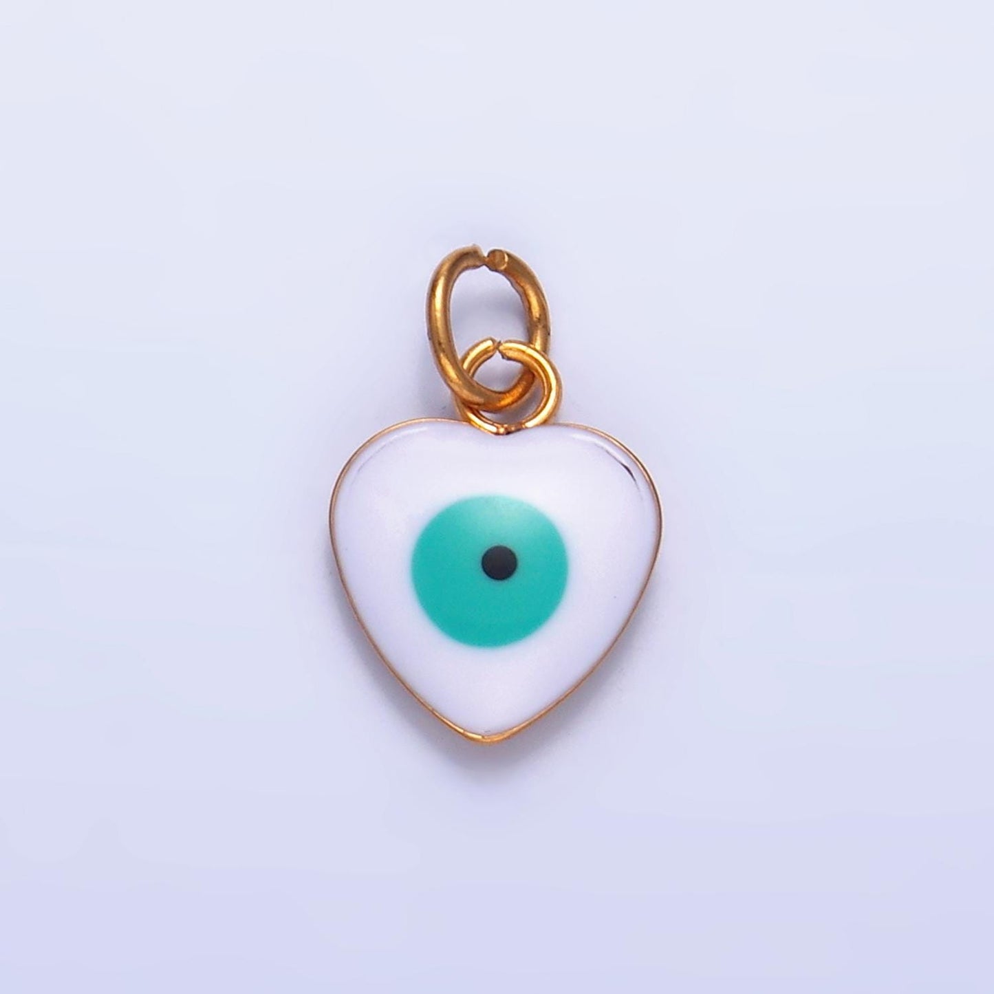 PVD Gold Plate Stainless Steel white, blue evil eye enamel 8mm Heart charm | P733
