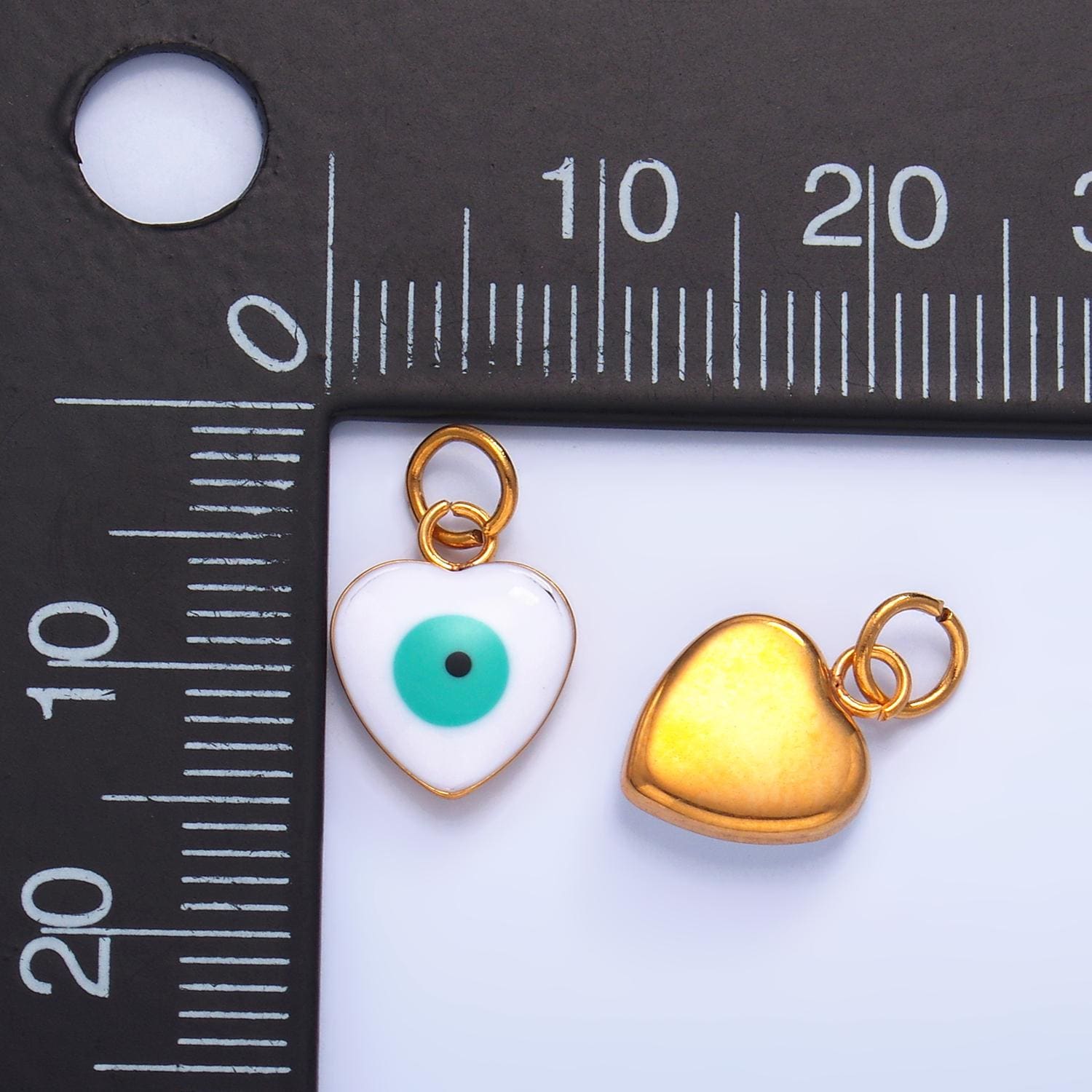 PVD Gold Plate Stainless Steel white, blue evil eye enamel 8mm Heart charm | P733