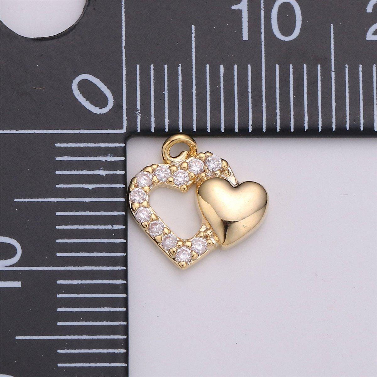 18k Gold Filled Dual Heart Pendant, Two Hearts Charm, Gold Heart Charm Micro Pave Charm C-528